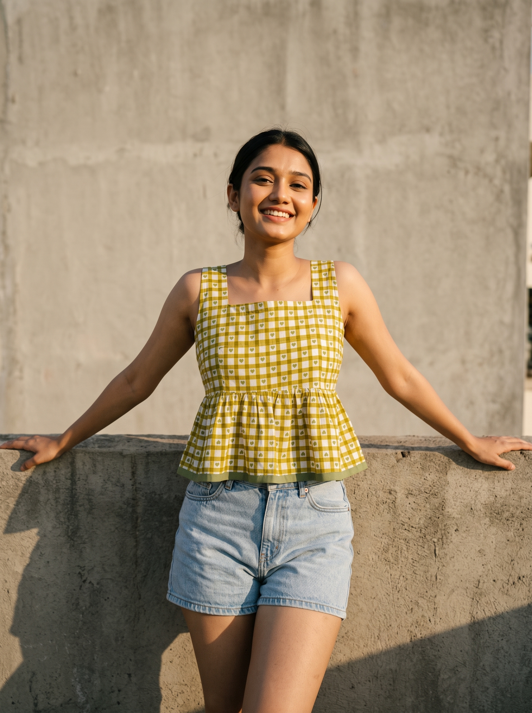 Tie-up Top #1 – Handloom Organic Cotton Top with Heart-Checked Pattern in Olive Green