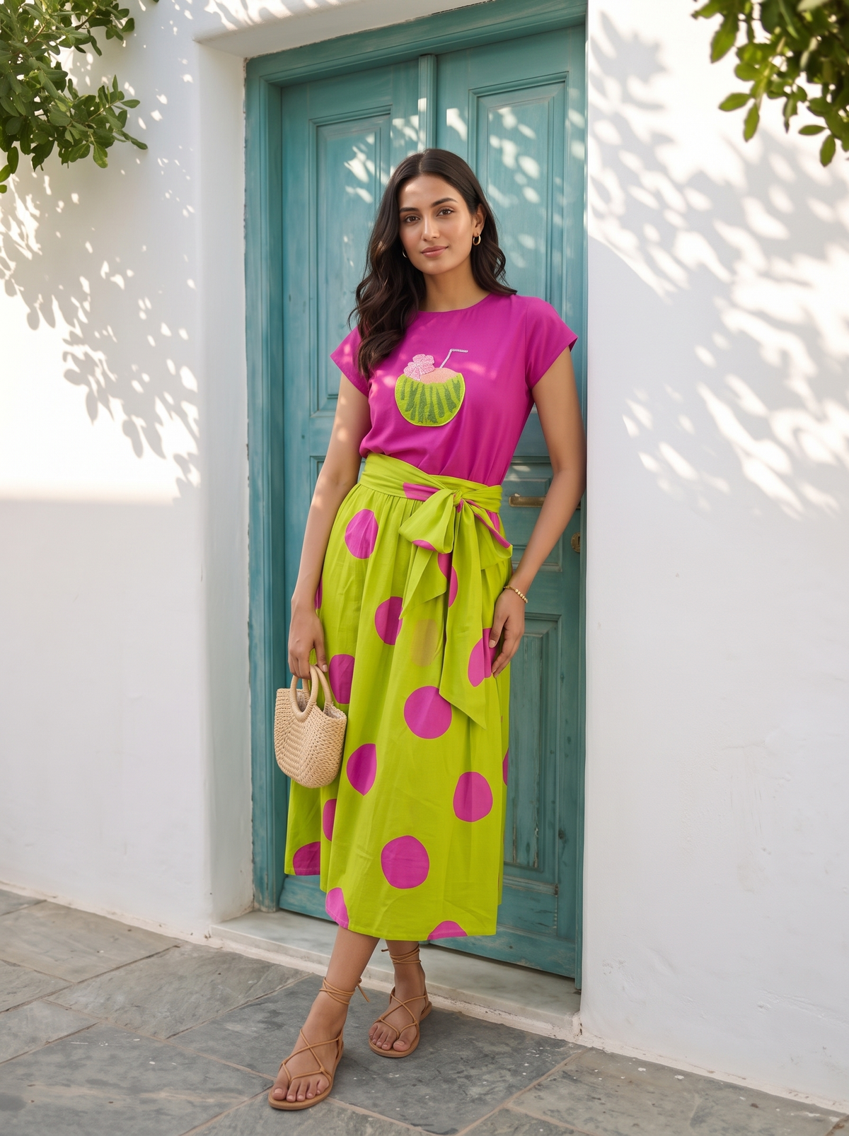 Coco Cool Polka Skirt Set – Coconut Embroidery & Bold Polka Dots in Magenta & Lime Green