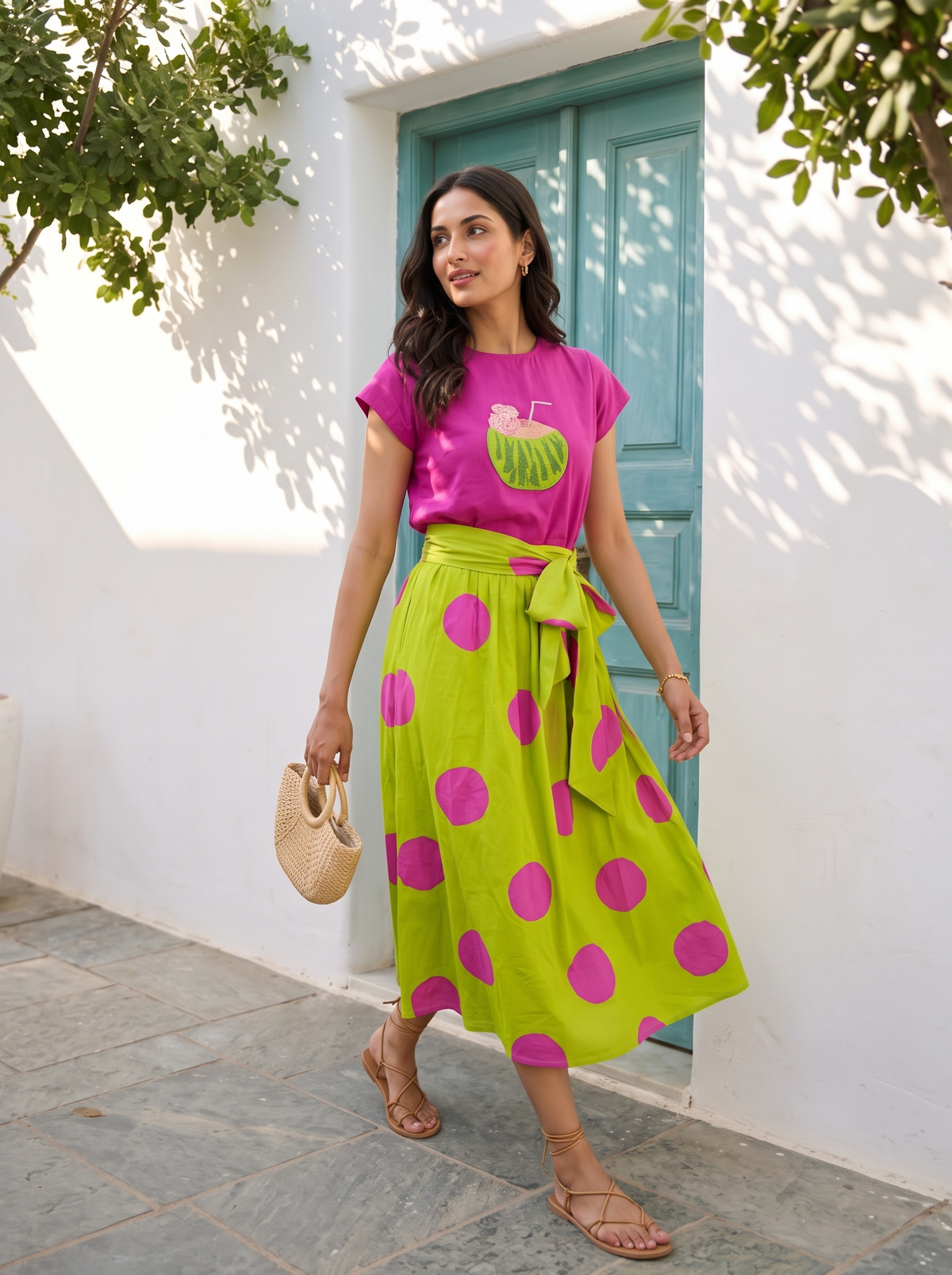 Coco Cool Polka Skirt Set – Coconut Embroidery & Bold Polka Dots in Magenta & Lime Green