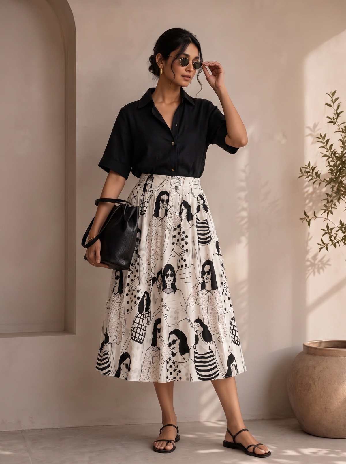 Black Parisian Muse Sketch Skirt Set – Pure Organic Cotton Skirt with Black Shirt