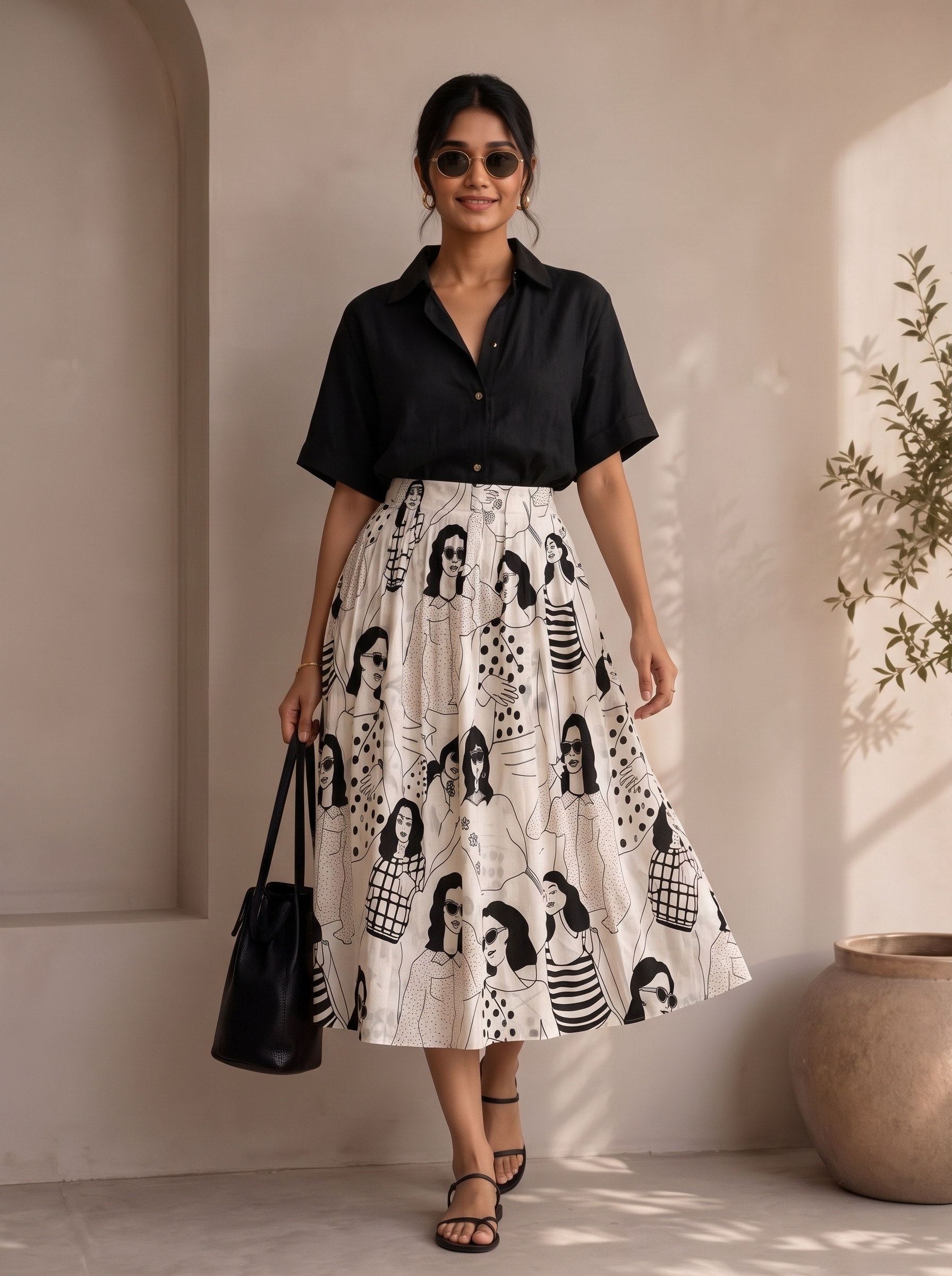 Black Parisian Muse Sketch Skirt Set – Pure Organic Cotton Skirt with Black Shirt