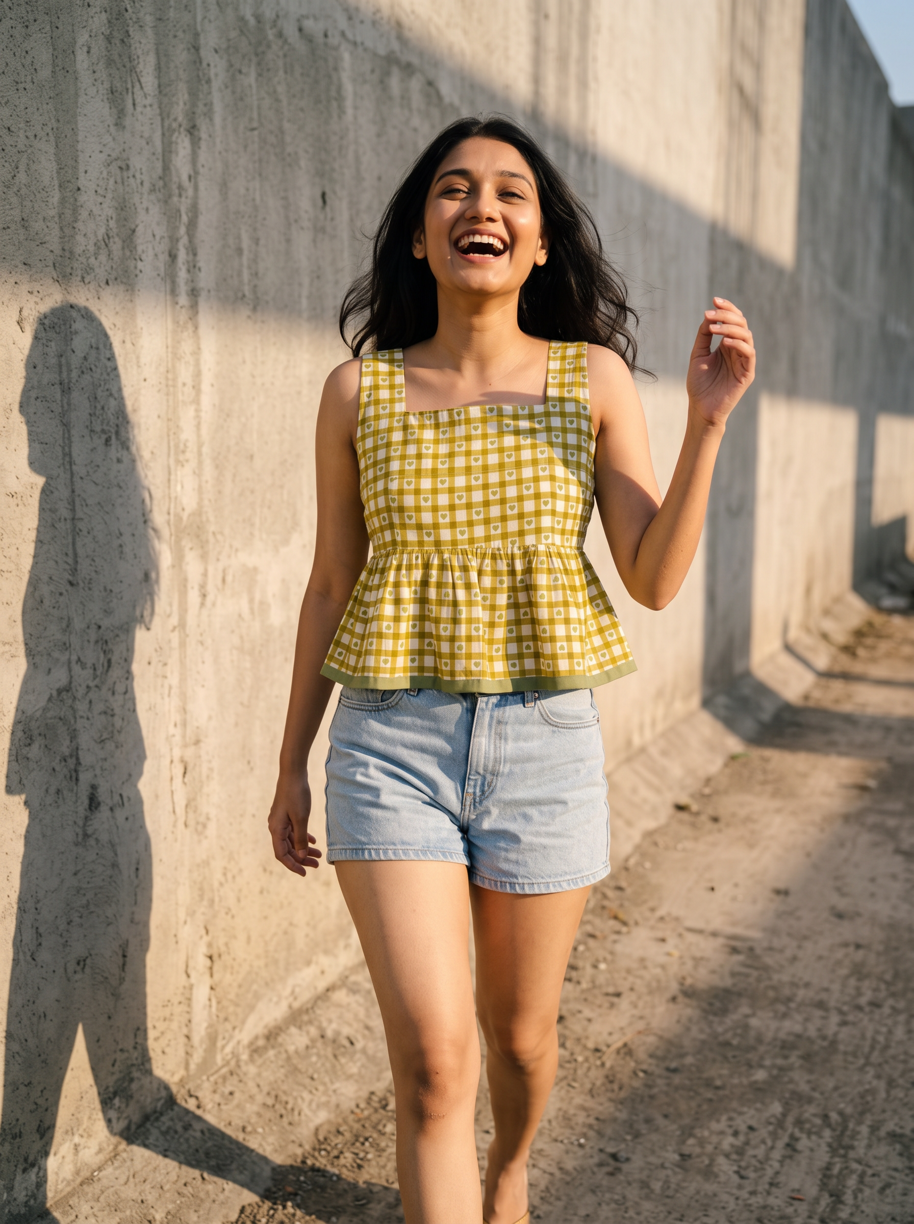 Tie-up Top #1 – Handloom Organic Cotton Top with Heart-Checked Pattern in Olive Green