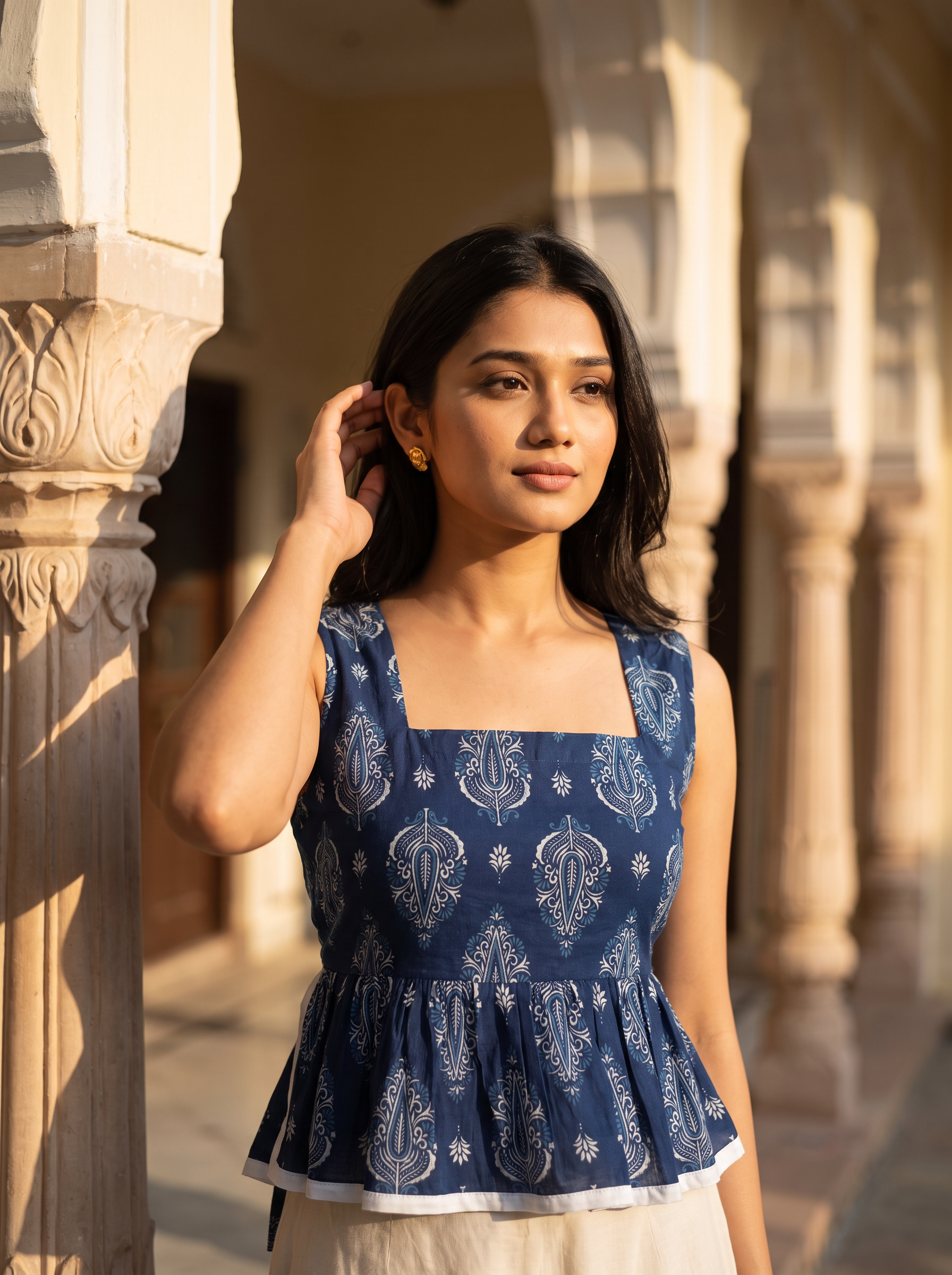 Tie-up Top #2 – Handloom Organic Cotton Paisley Print Peplum Top in Indigo Blue