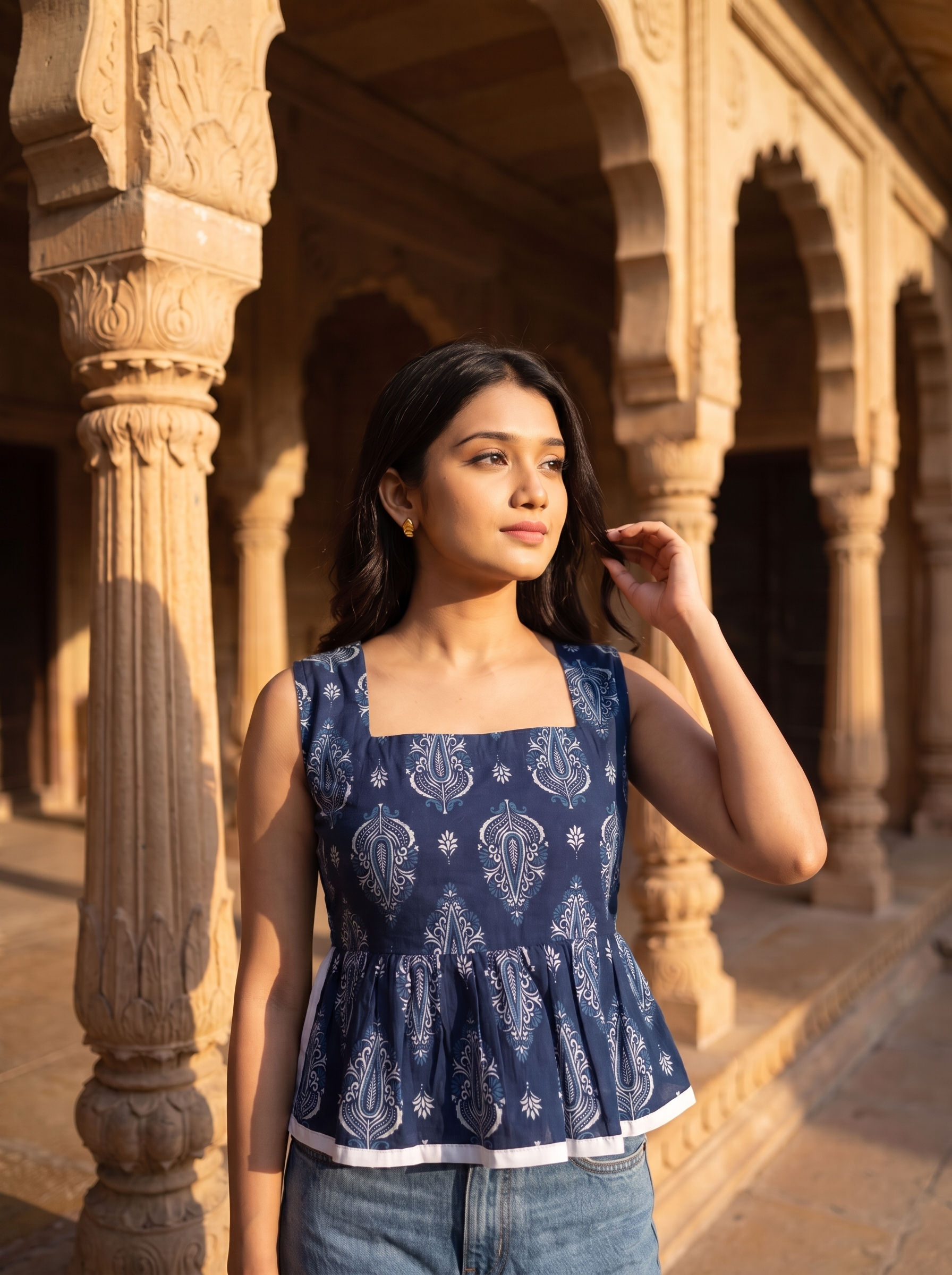 Tie-up Top #2 – Handloom Organic Cotton Paisley Print Peplum Top in Indigo Blue