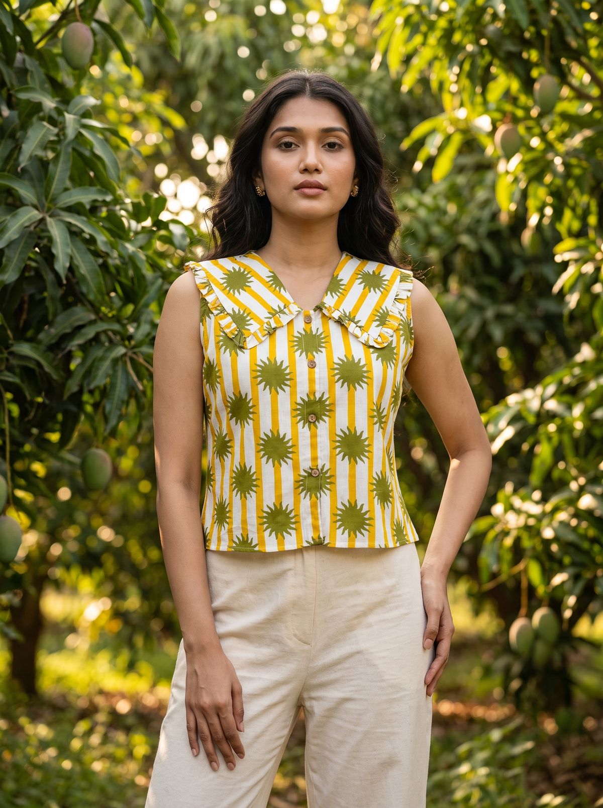 Crop Top #166 – Sunburst Motif & Striped Top in Yellow & Olive Green