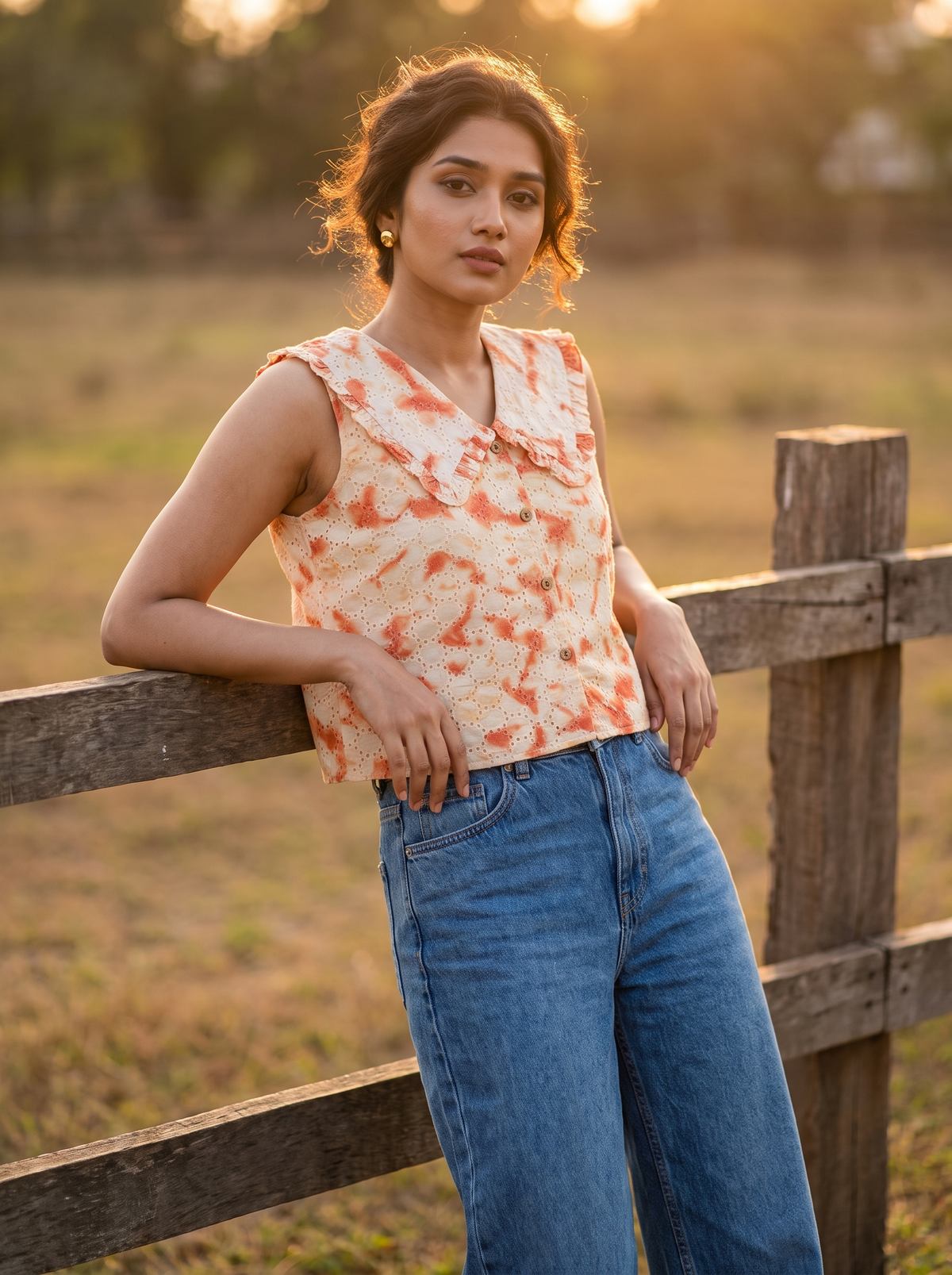 Crop Top #167 – Tie-Dye Motif Top in Rust Orange & Cream