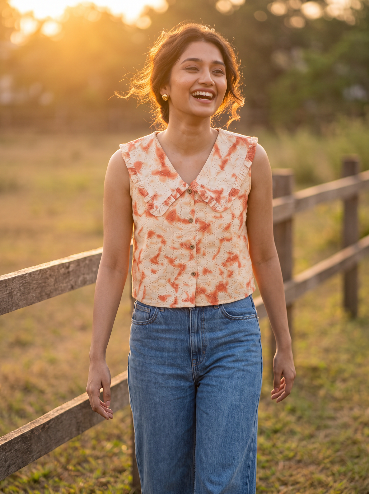 Crop Top #167 – Tie-Dye Motif Top in Rust Orange & Cream