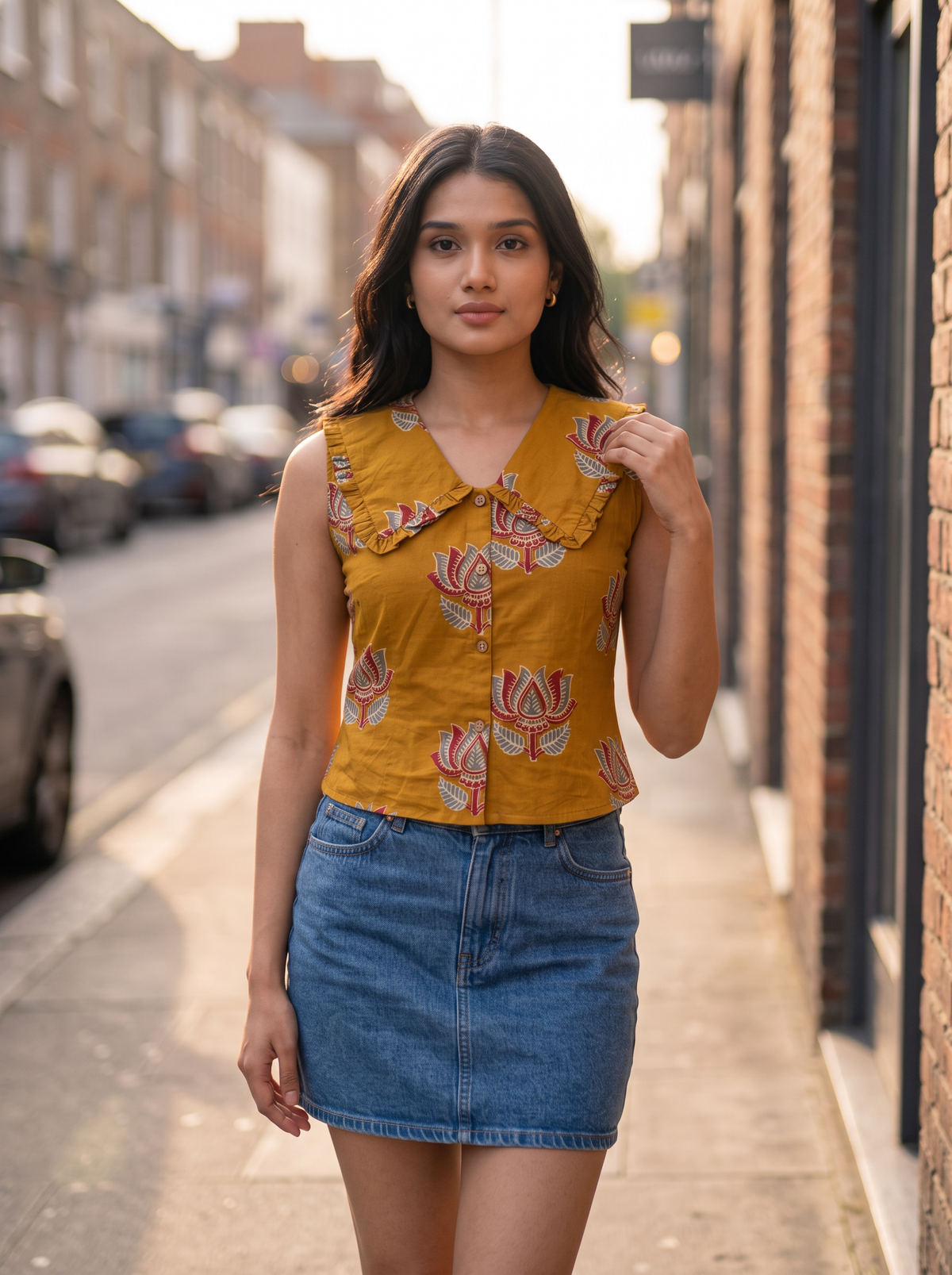 Crop Top #168 – Lotus Block Print Top in Mustard Yellow & Coral