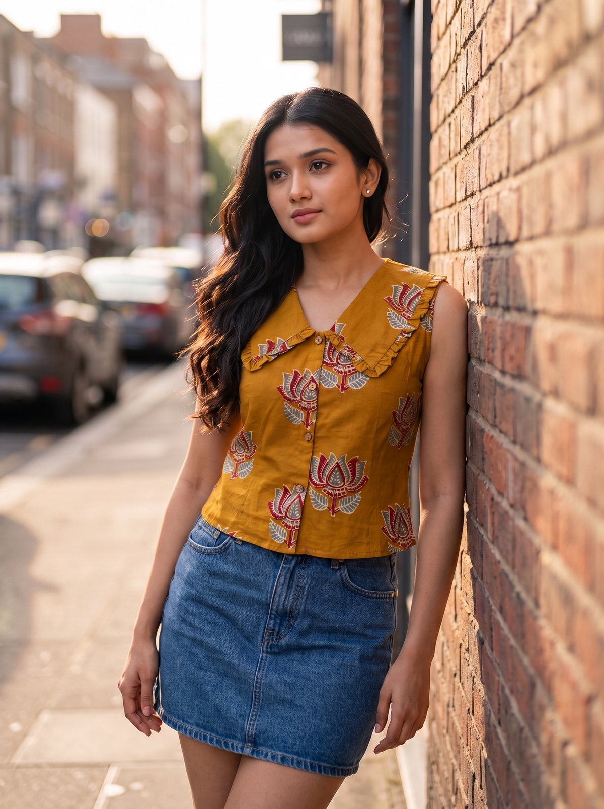 Crop Top #168 – Lotus Block Print Top in Mustard Yellow & Coral