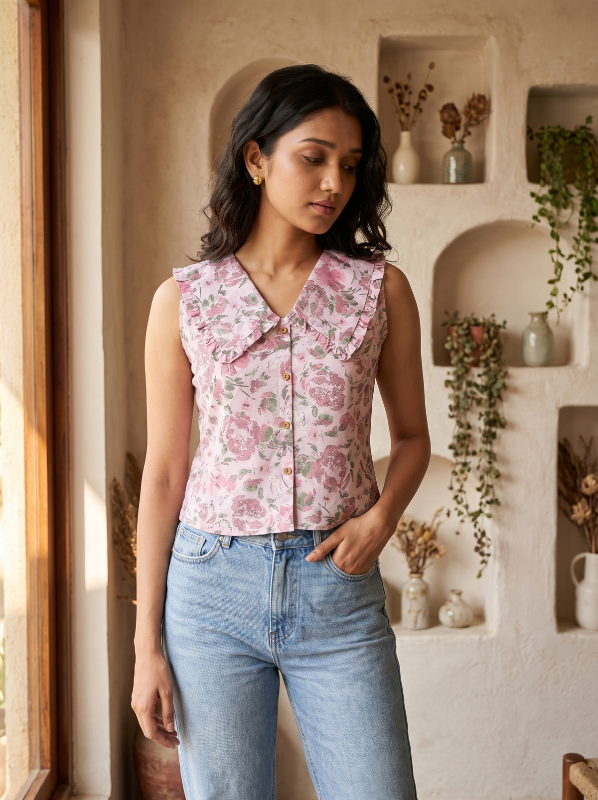 Crop Top #169 – Vintage Floral Print Top in Blush Pink & Mauve