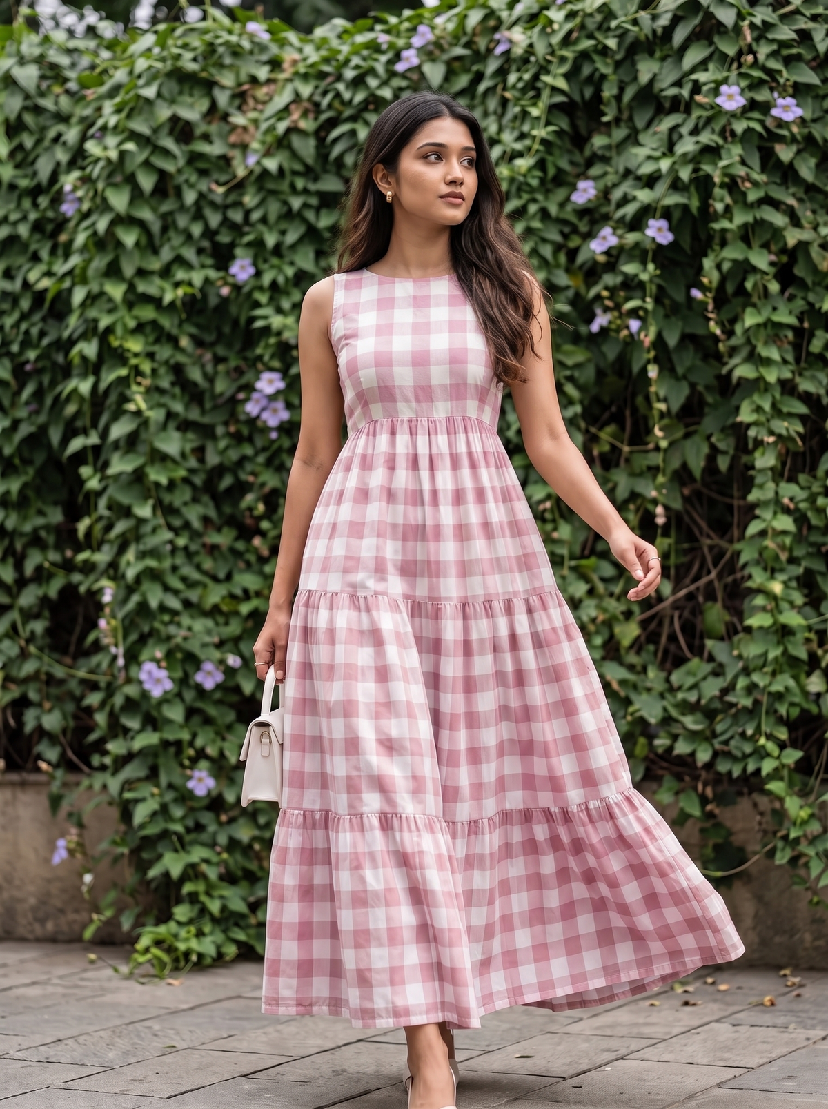 Mila Gingham Dress (Baby Pink) – Checkered Print in White & Baby Pink