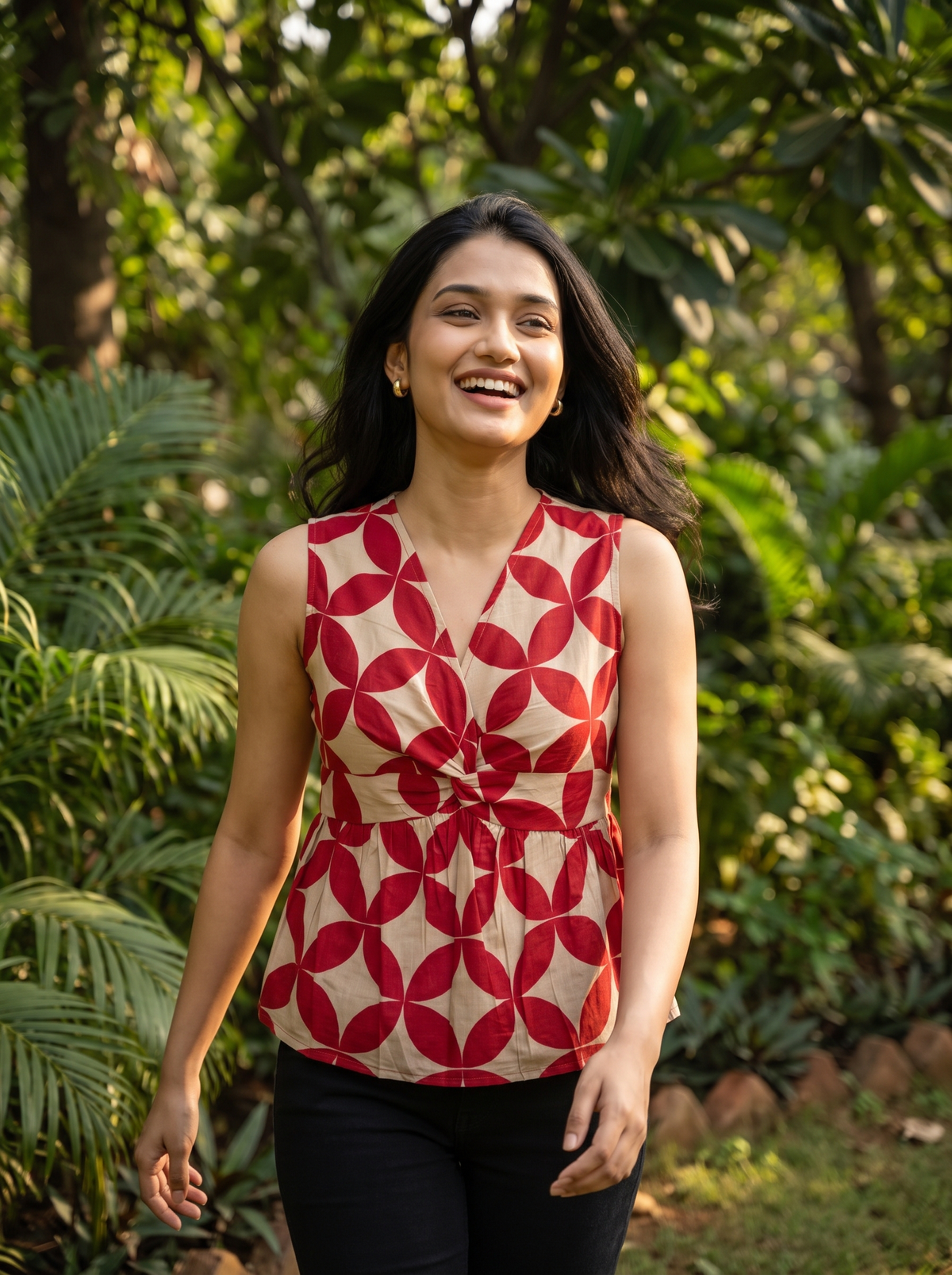 Crop Top #165 – Handloom Organic Cotton Top with Overlapping Petal Print in Crimson Red & Beige