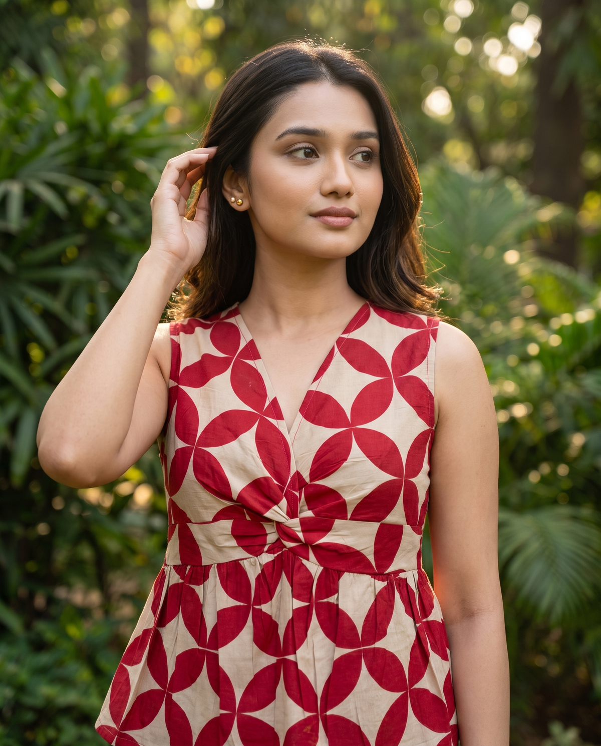 Crop Top #165 – Handloom Organic Cotton Top with Overlapping Petal Print in Crimson Red & Beige