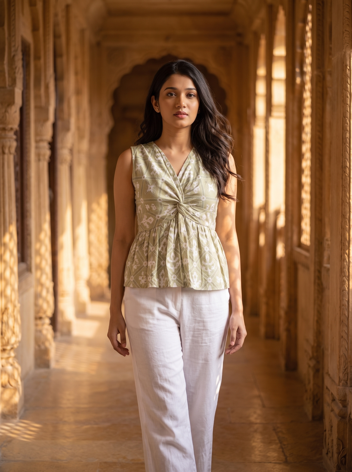 Crop Top #170 – Handloom Organic Cotton Twist-Front Top in Sage Green & Ivory