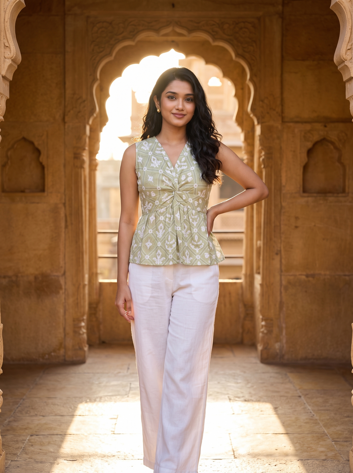 Crop Top #170 – Handloom Organic Cotton Twist-Front Top in Sage Green & Ivory