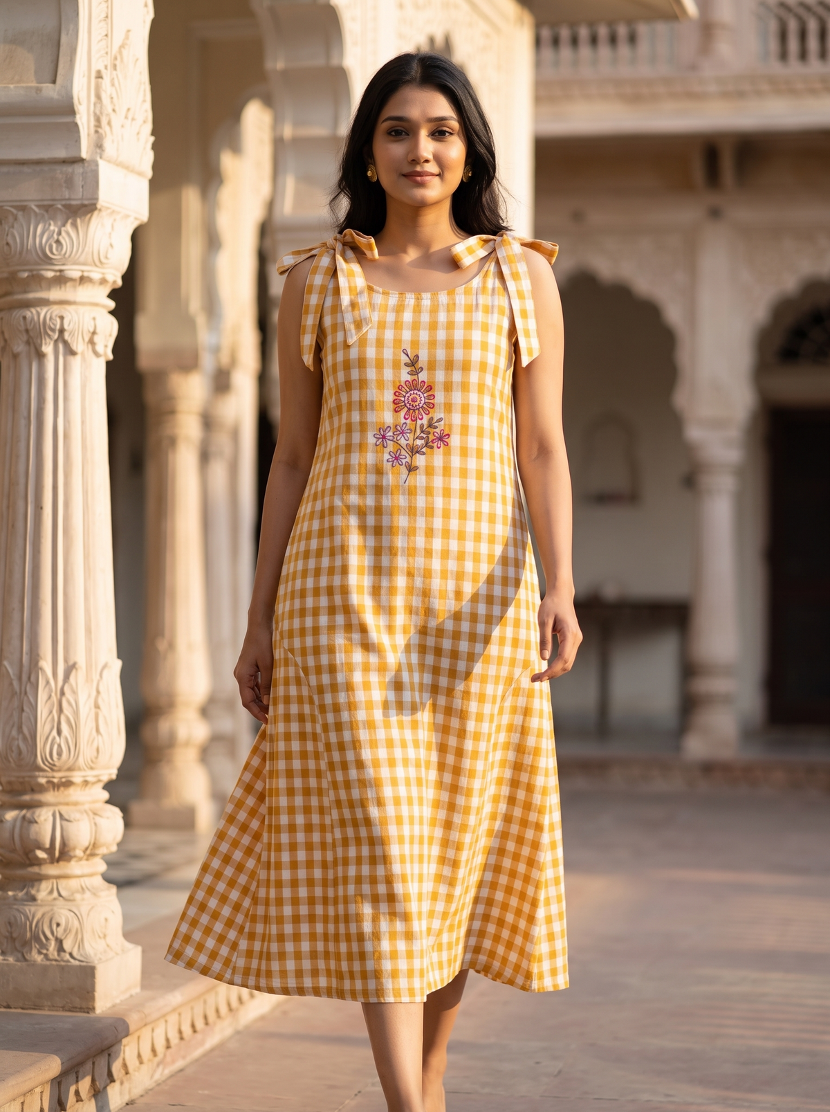 Daisy Gingham Dress – Checkered Print in Mustard Yellow