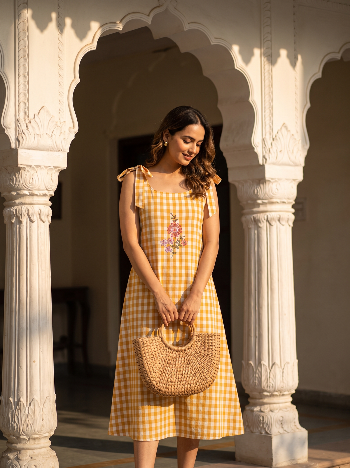 Daisy Gingham Dress – Checkered Print in Mustard Yellow