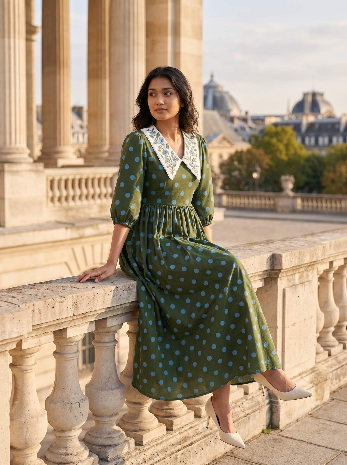 Mimosa Polka Dress – Embroidered Collar Flare Midi Dress in Olive Green