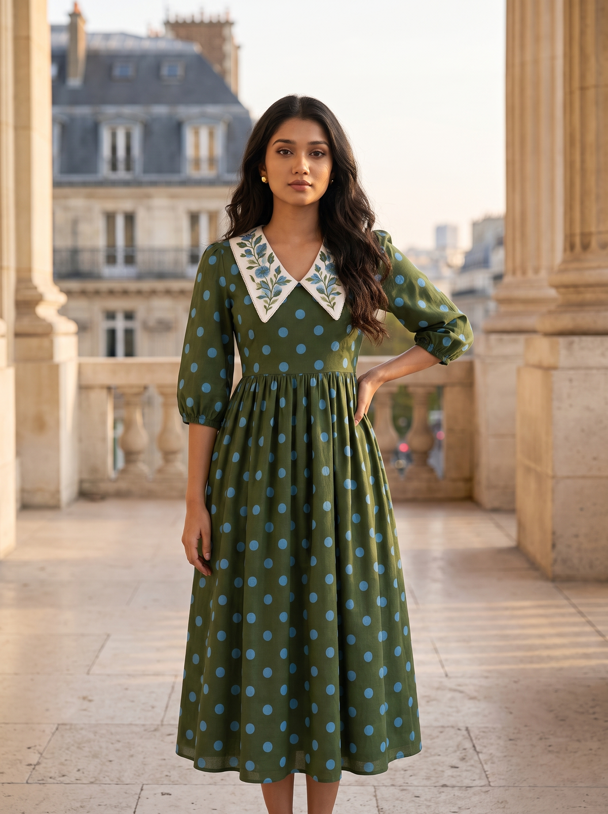 Mimosa Polka Dress – Embroidered Collar Flare Midi Dress in Olive Green