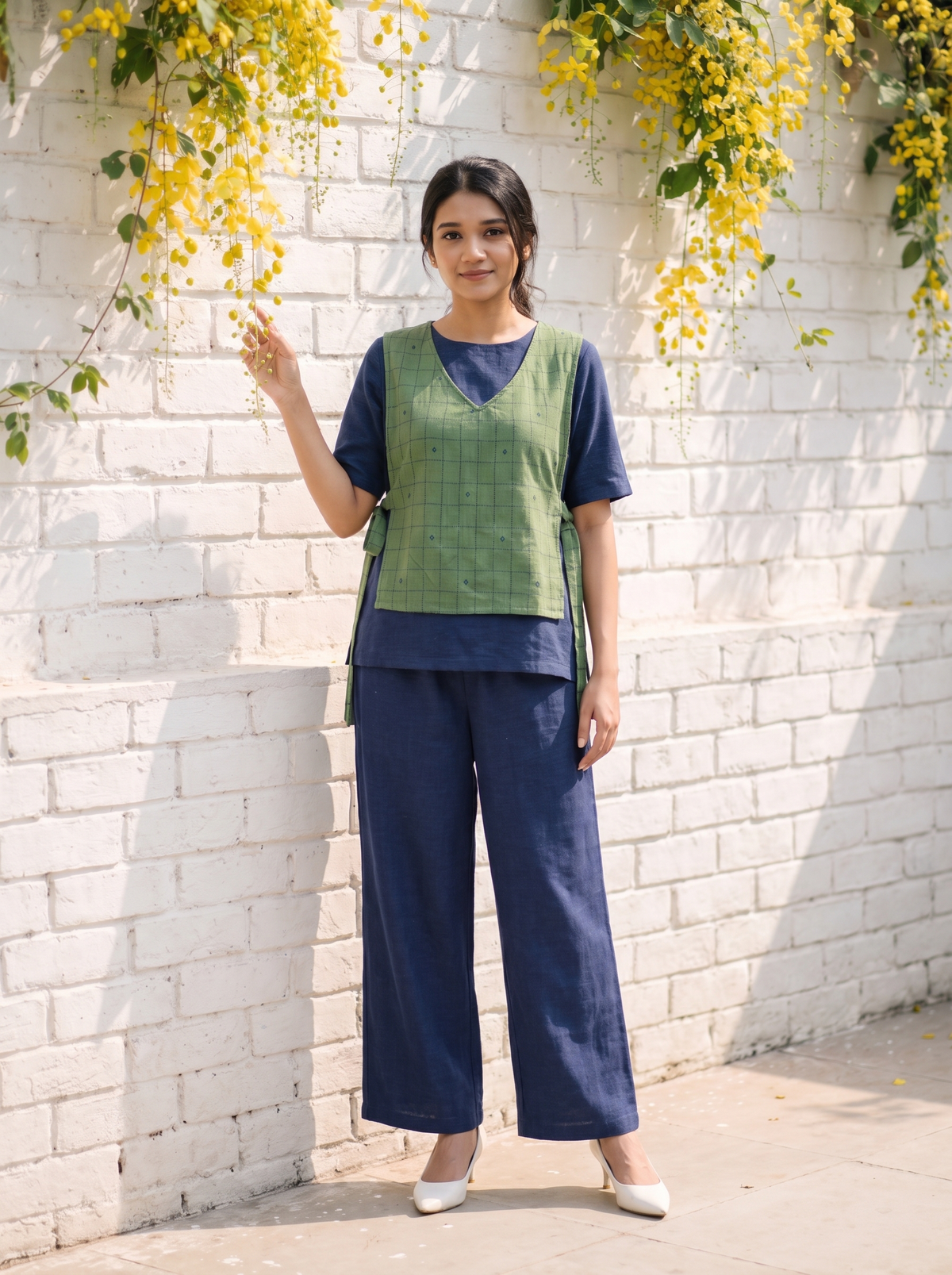 Neysa(Navy Blue) Co-ord Set – Checked Layered Handloom Cotton Set in Navy Blue & Olive Green