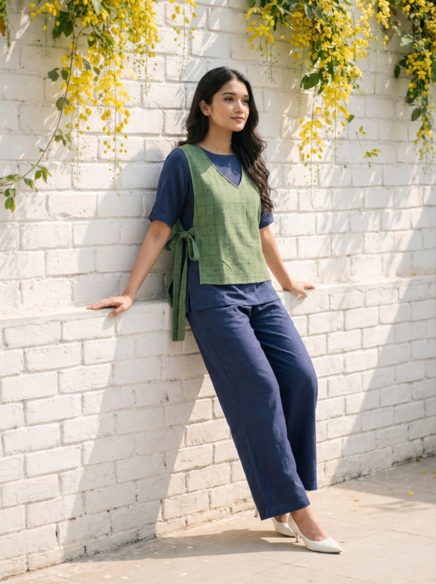 Neysa(Navy Blue) Co-ord Set – Checked Layered Handloom Cotton Set in Navy Blue & Olive Green