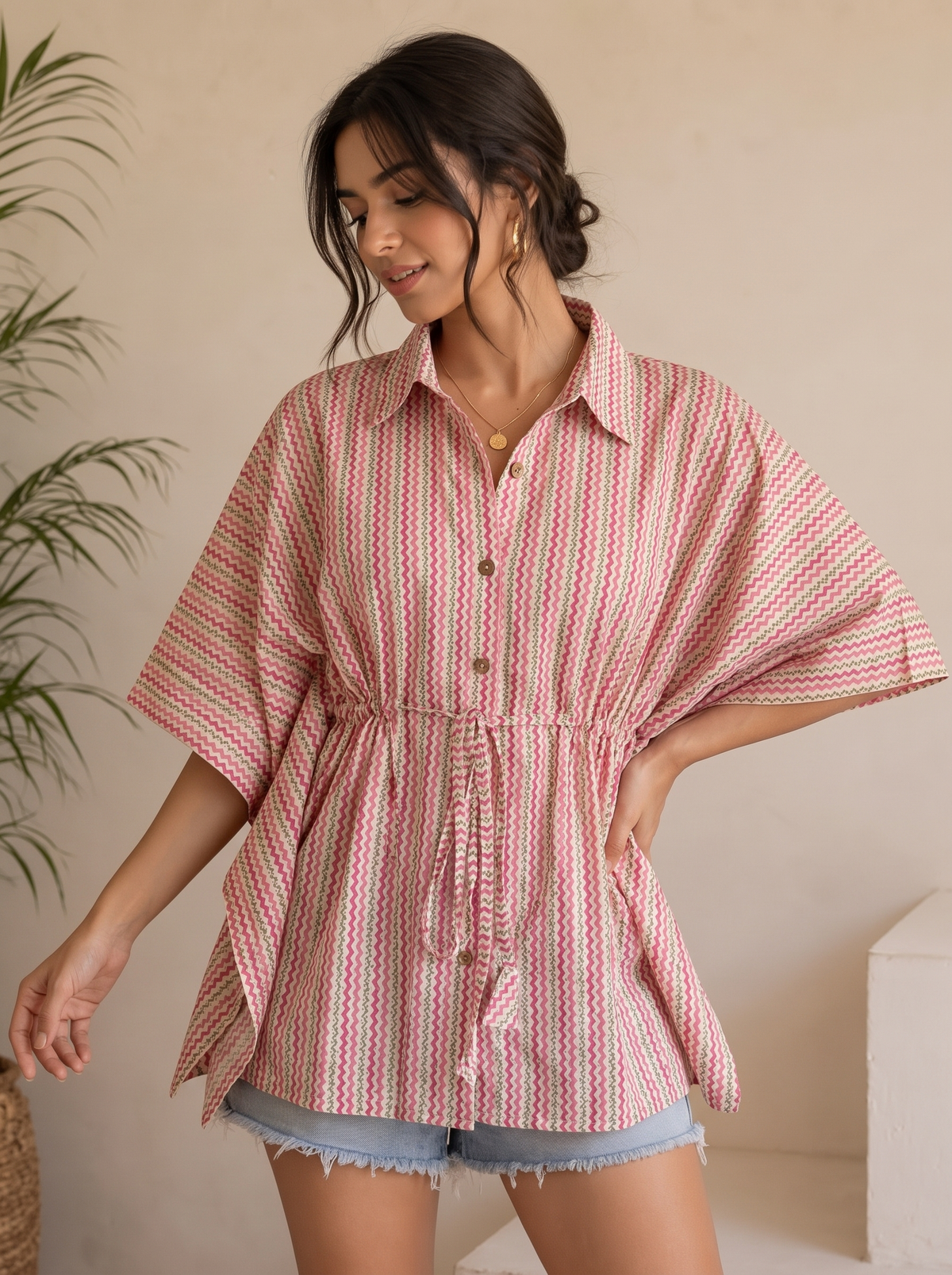 Kaftan Top #96 – Zigzag Print Organic Cotton Kaftan Top in Ivory & Pink