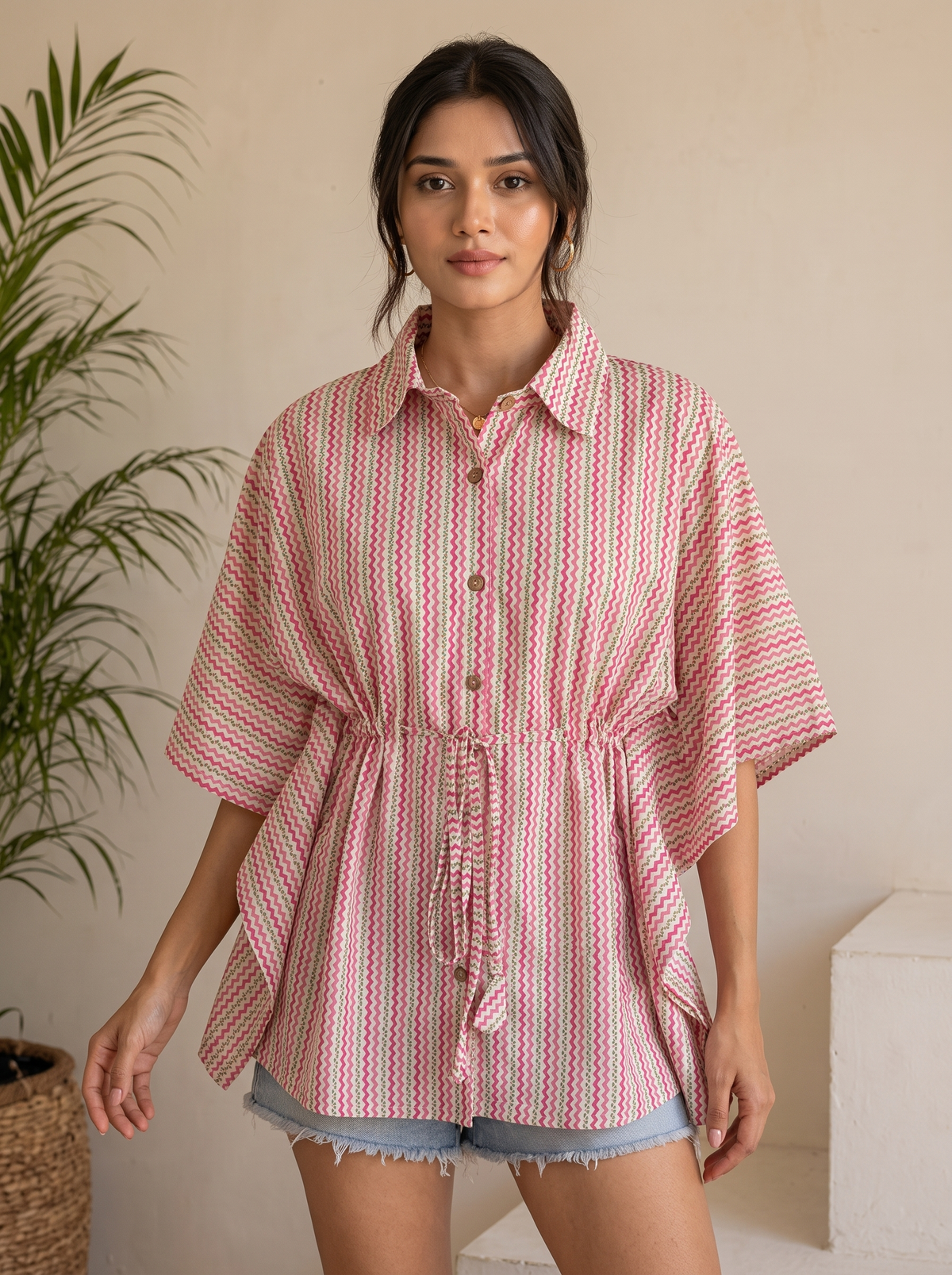 Kaftan Top #96 – Zigzag Print Organic Cotton Kaftan Top in Ivory & Pink