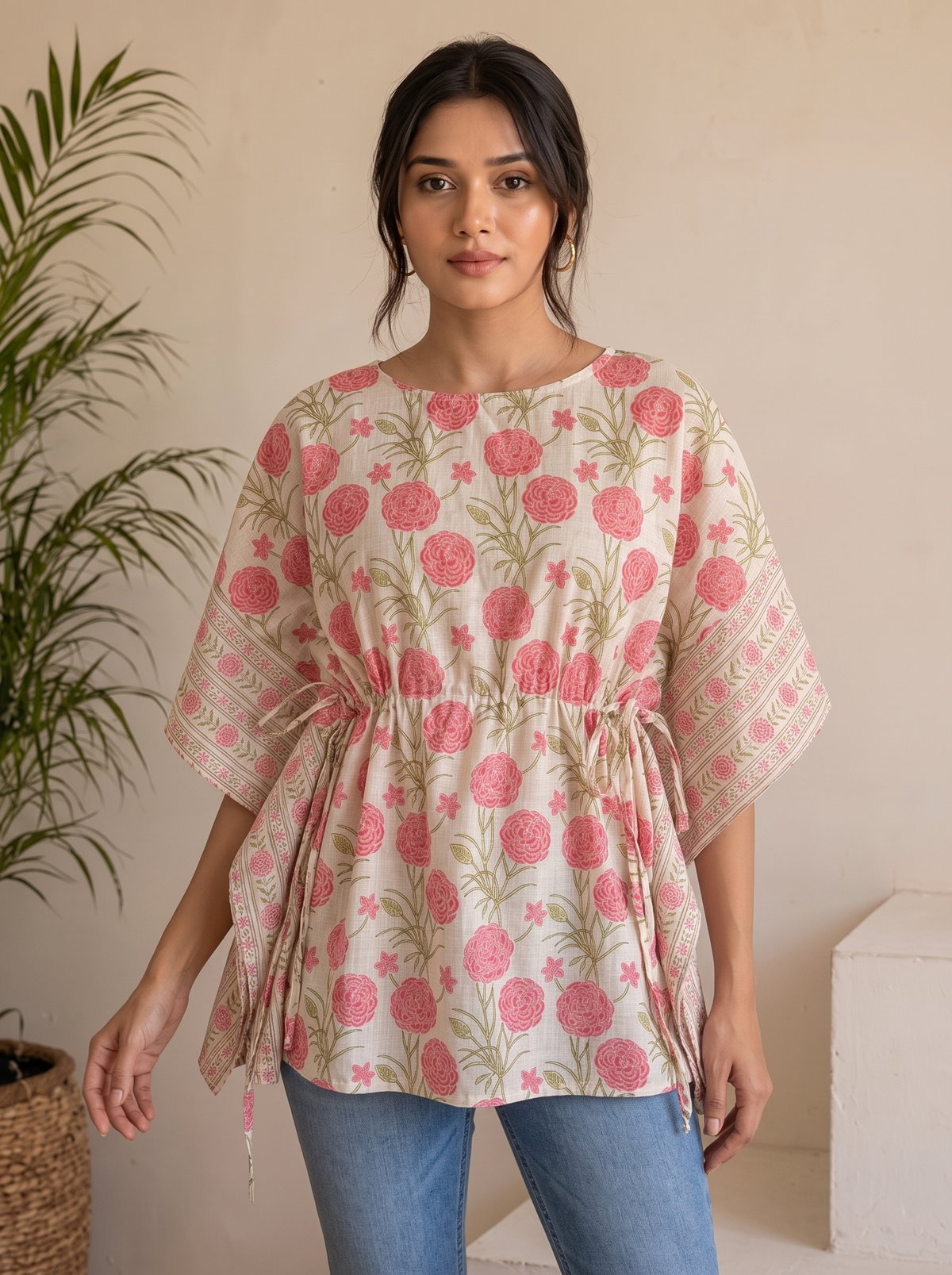 Kaftan Top #97 – Floral Print Organic Cotton Kaftan Top in Pink & Off-White