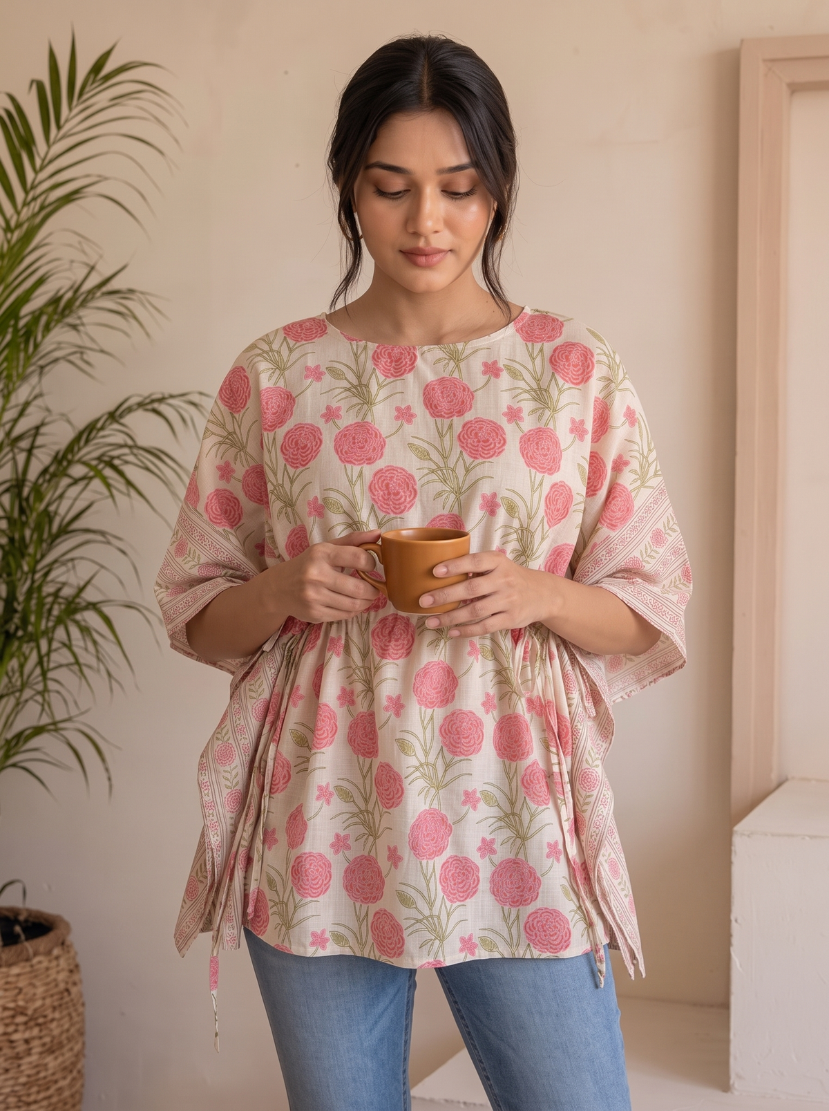 Kaftan Top #97 – Floral Print Organic Cotton Kaftan Top in Pink & Off-White