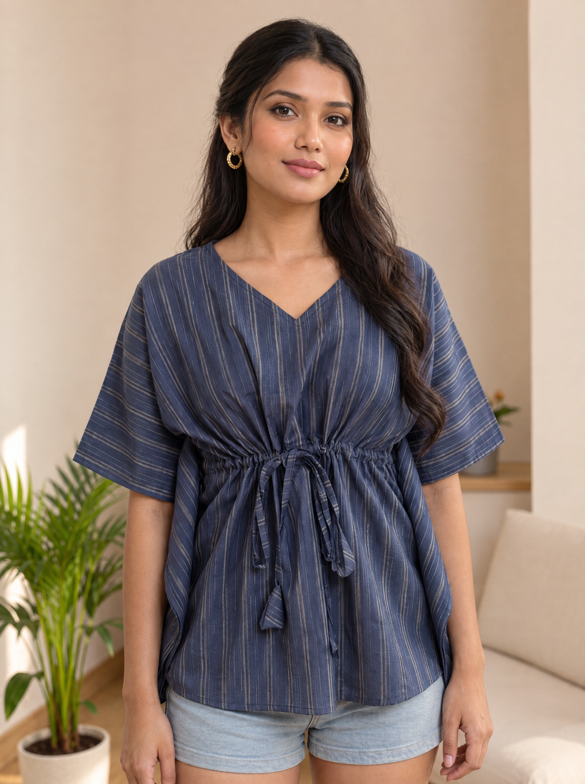 Kaftan Top #98 – Striped Organic Cotton Kaftan Top in Slate Blue & Beige