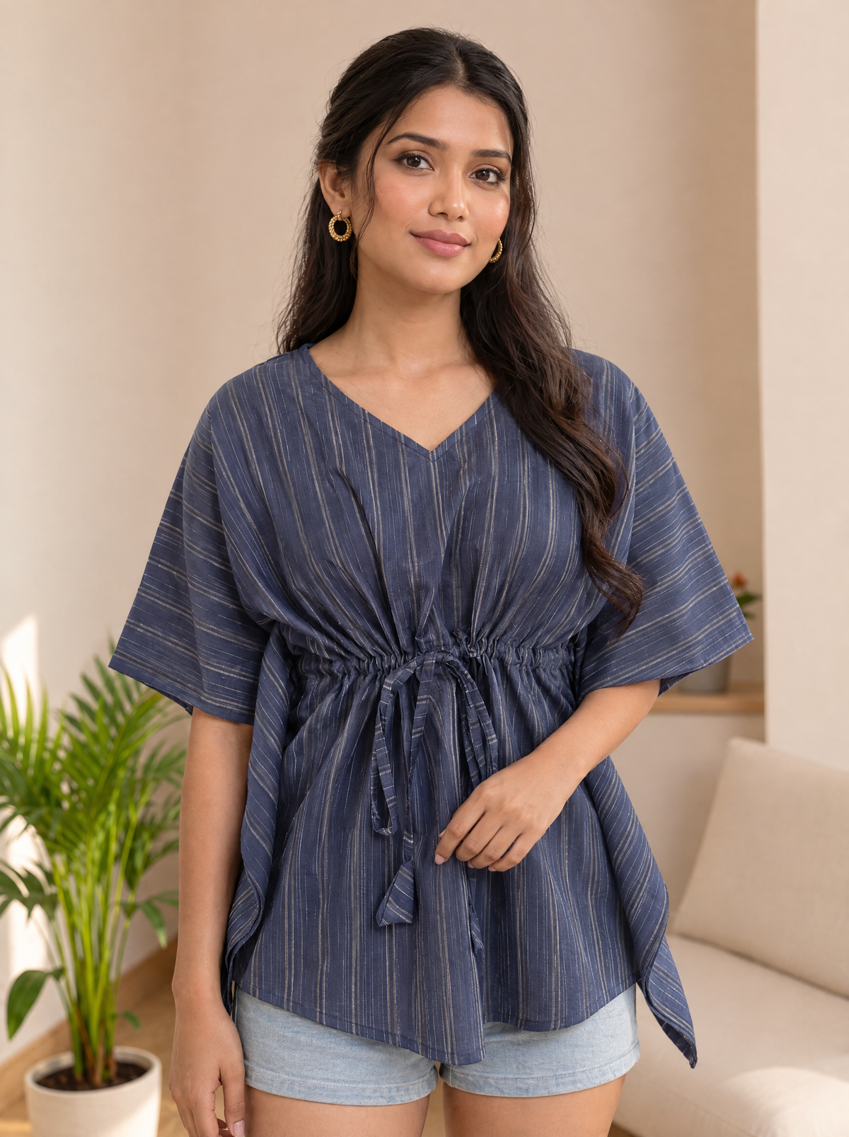 Kaftan Top #98 – Striped Organic Cotton Kaftan Top in Slate Blue & Beige