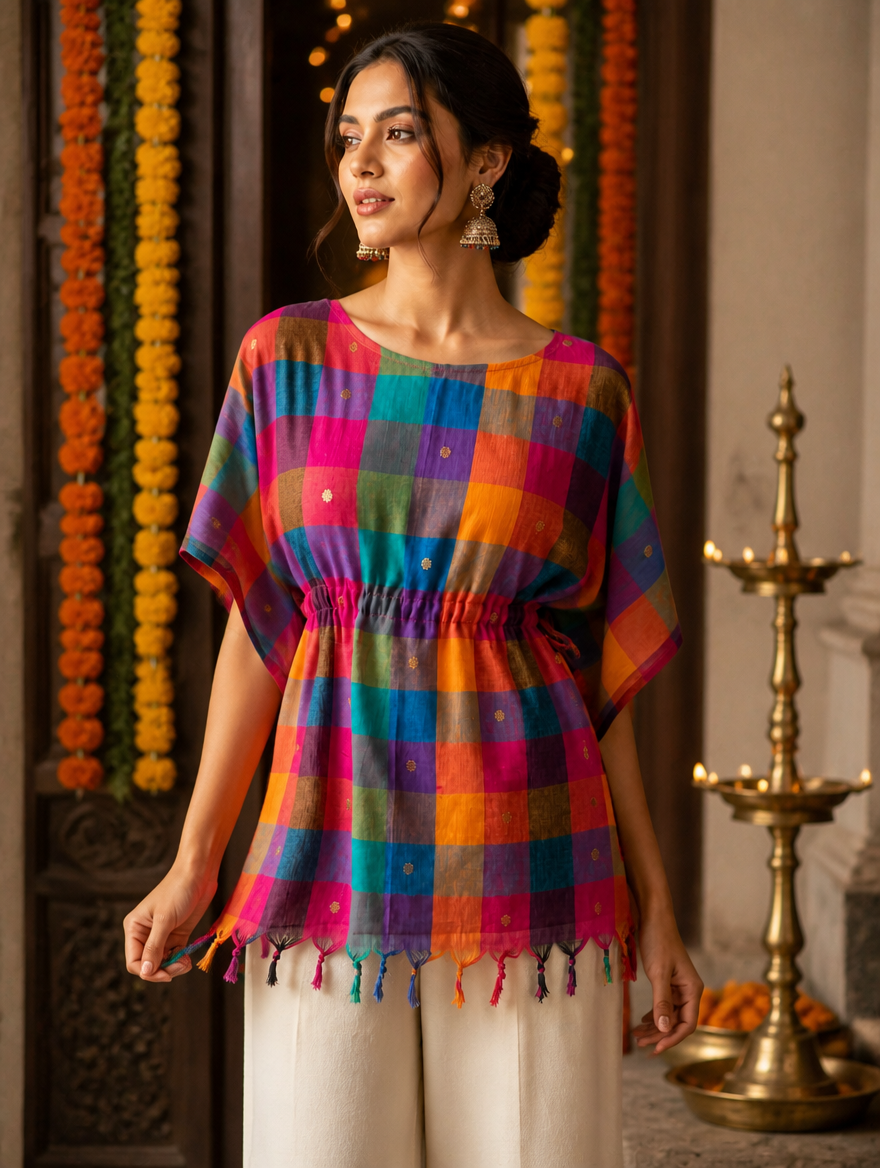 Kaftan Top #99 – Multicolor Checkered Silk by Cotton Kaftan Top