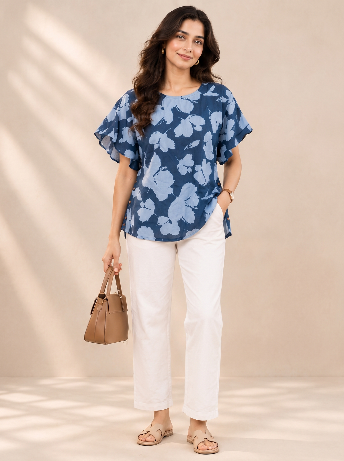 Kaftan Top #104 – Abstract Floral Kaftan Top in Prussian & Powder Blue