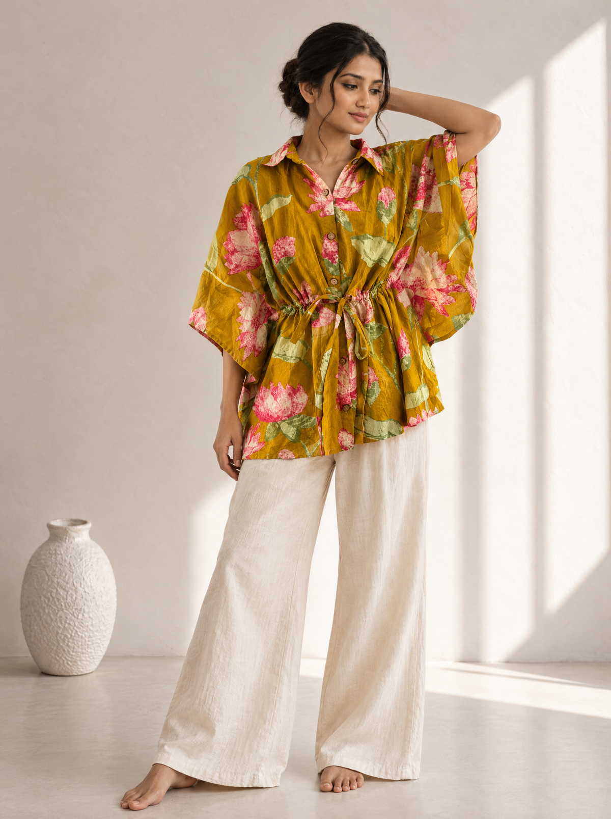 Kaftan Top #100 – Floral Lotus Print Shirt Kaftan Top in Olive Green & Pink