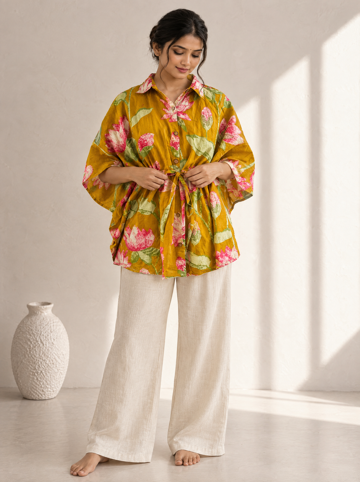 Kaftan Top #100 – Floral Lotus Print Shirt Kaftan Top in Olive Green & Pink