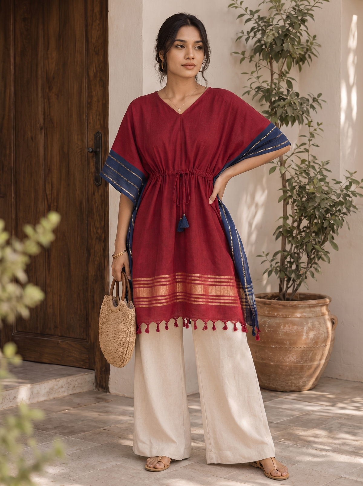 Kaftan Top #101 – Color Blocked Kaftan Top in Crimson Red & Indigo Blue