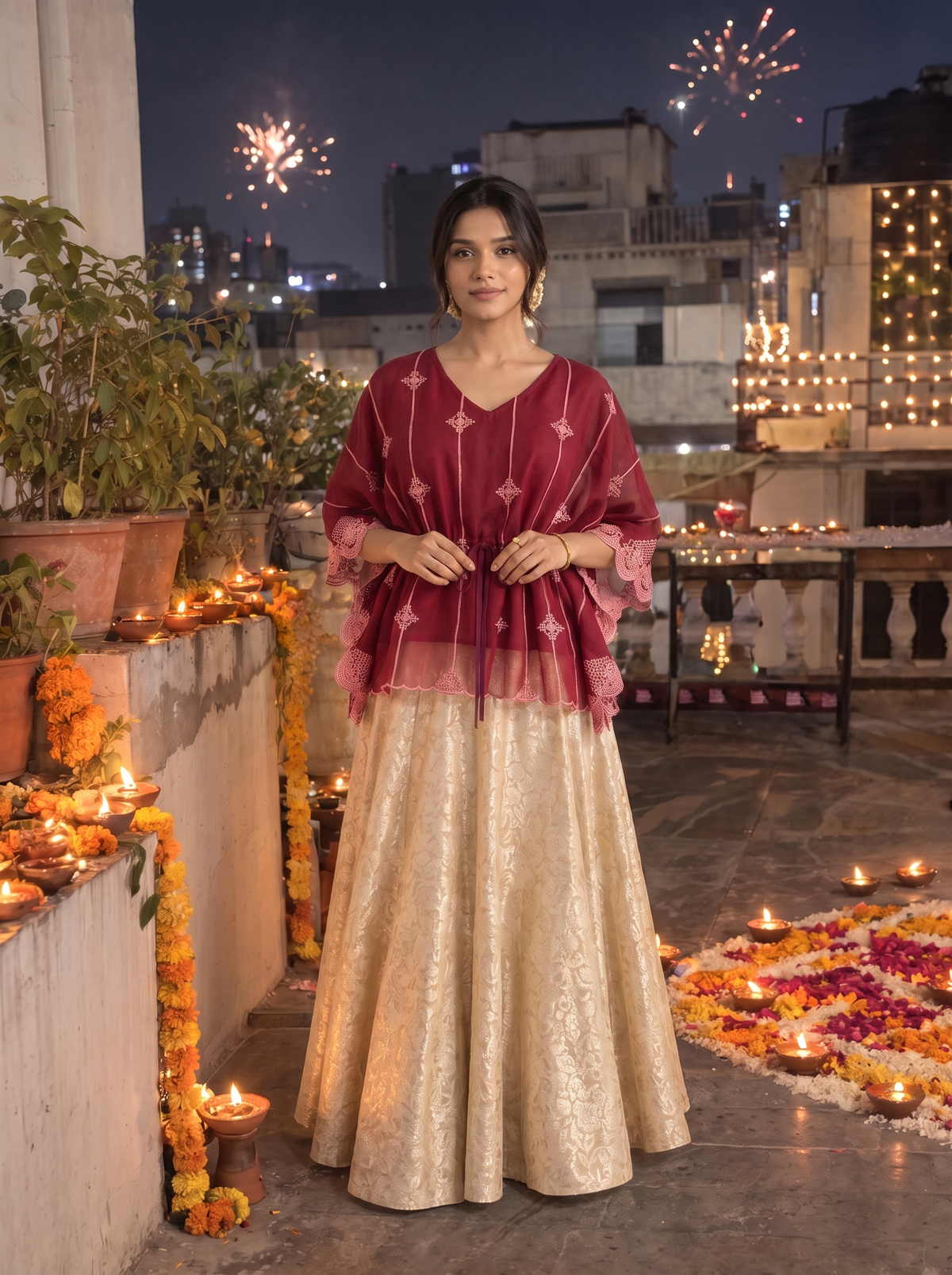 Kaftan Top #102 – Embroidered Sheer Kaftan Top in Maroon & Dust Pink