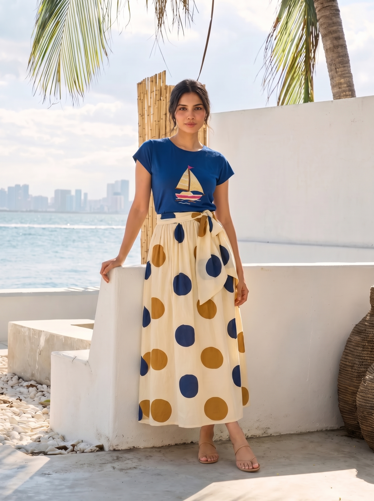 Sailora Polka Skirt Set – Sailboat Embroidery & Bold Polka Dots in Navy Blue & Cream