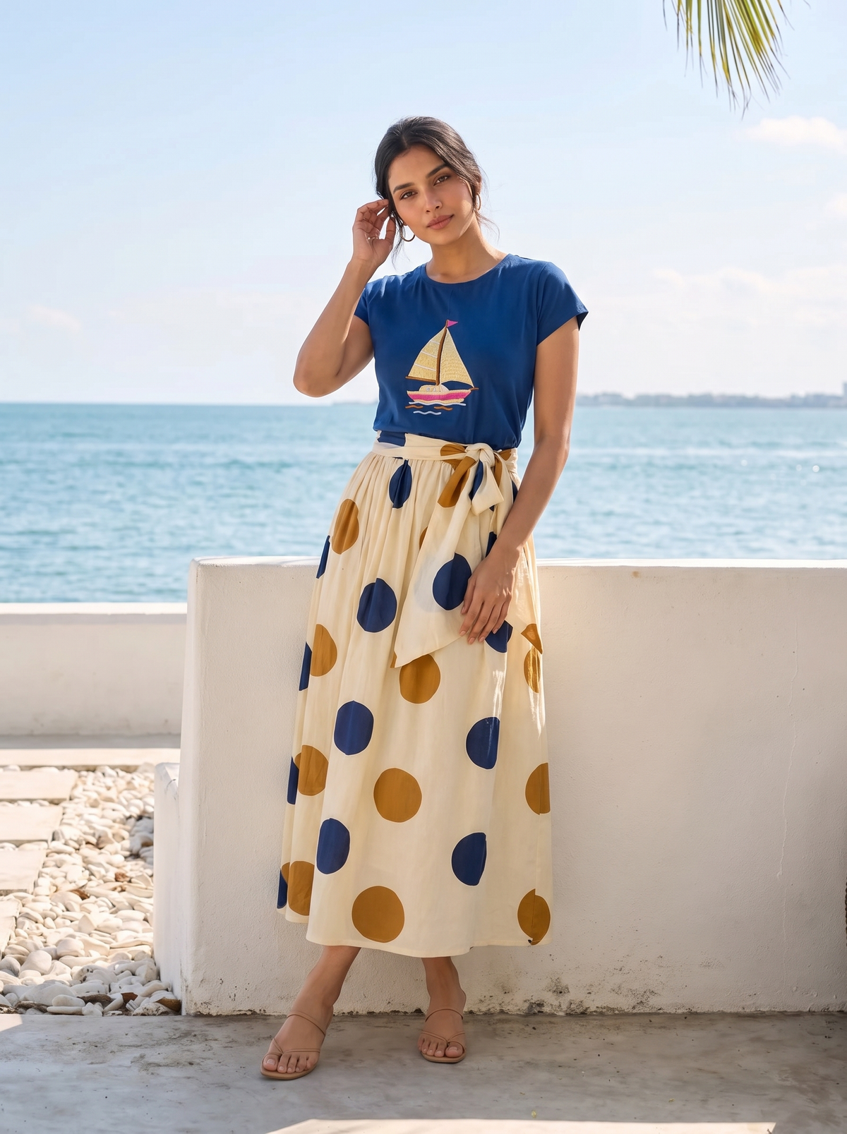 Sailora Polka Skirt Set – Sailboat Embroidery & Bold Polka Dots in Navy Blue & Cream