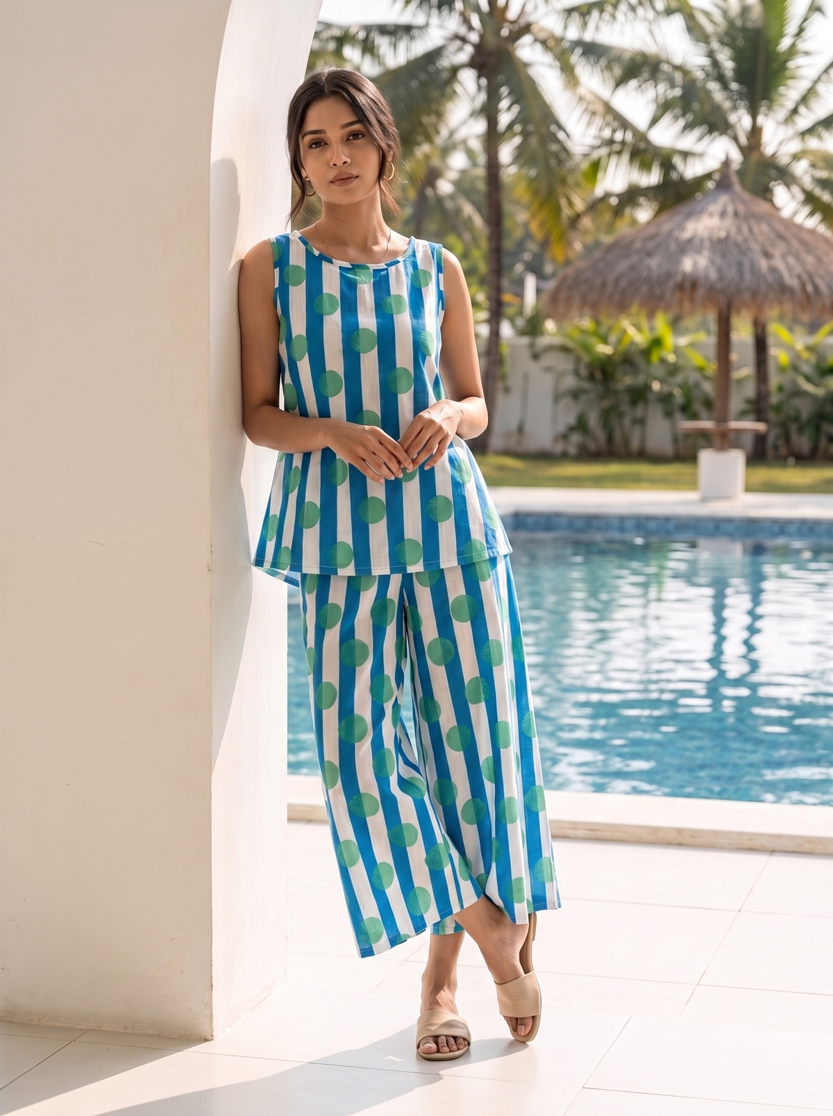 Limona(Ocean Blue) Co-ord Set – Striped & Polka Dot Top & Pants