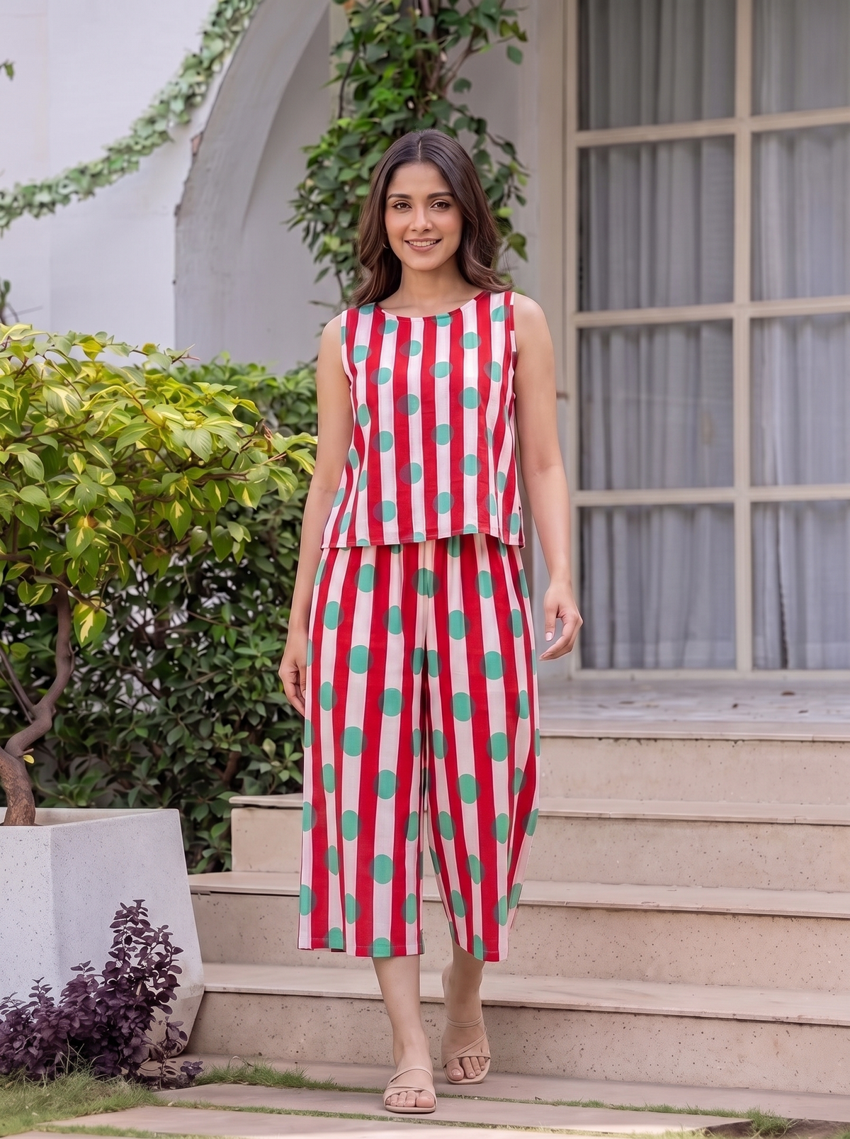 Limona(Red) Co-ord Set – Striped & Polka Dot Top & Pants