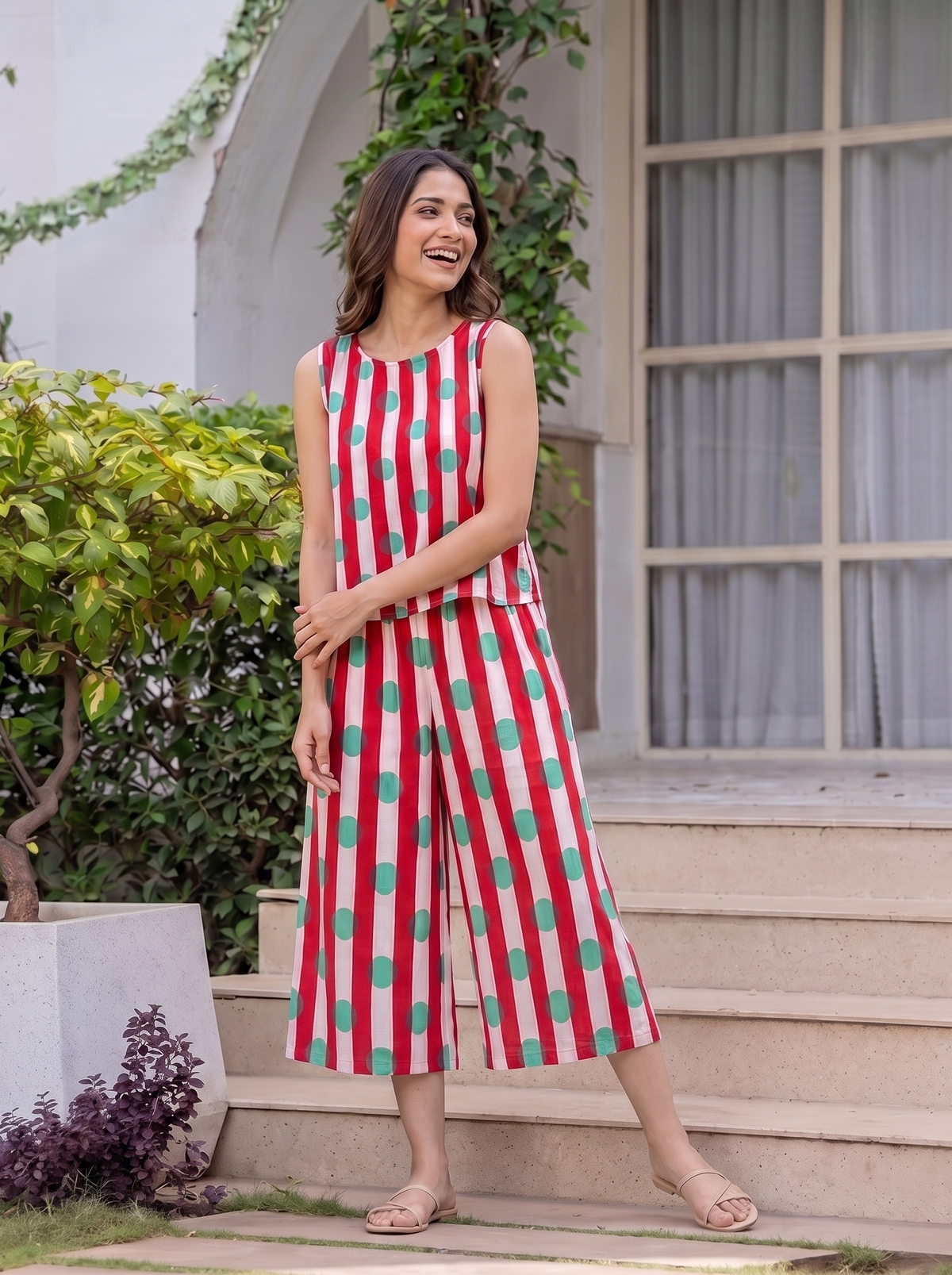 Limona(Red) Co-ord Set – Striped & Polka Dot Top & Pants