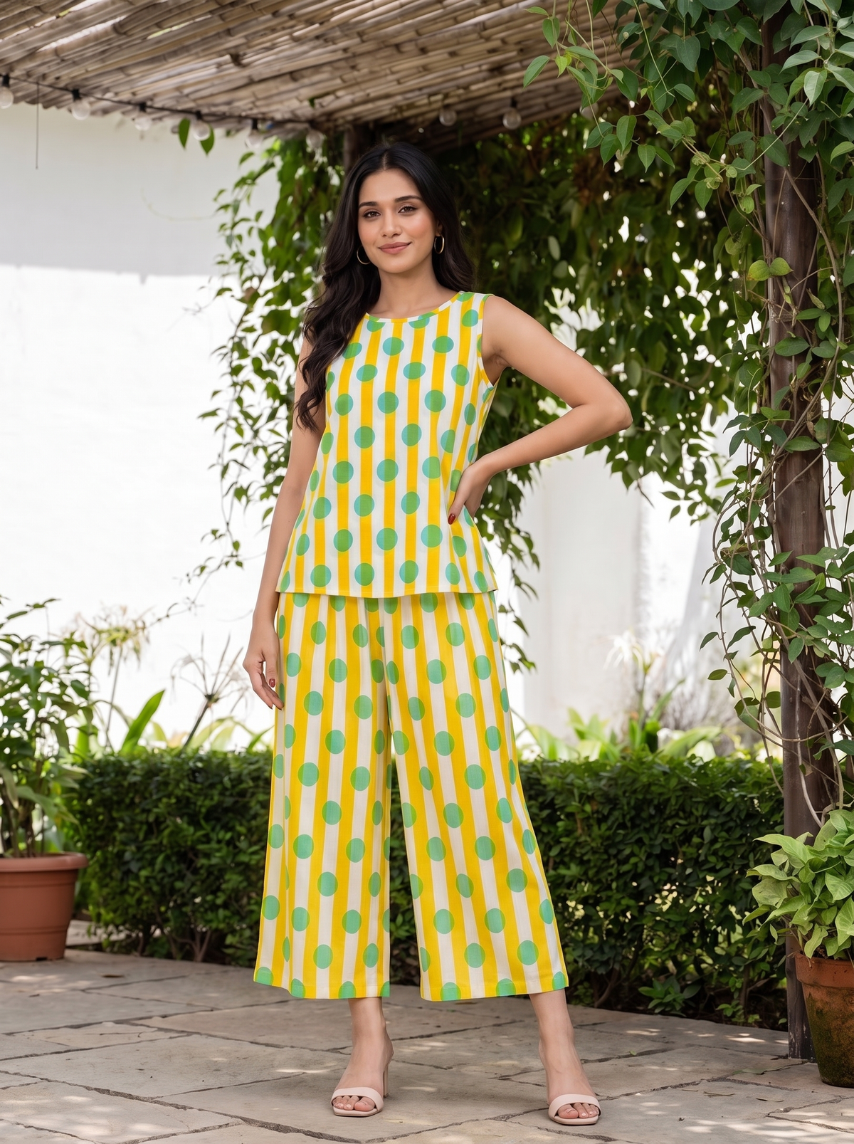Limona(Yellow) Co-ord Set – Striped & Polka Dot Top & Pants