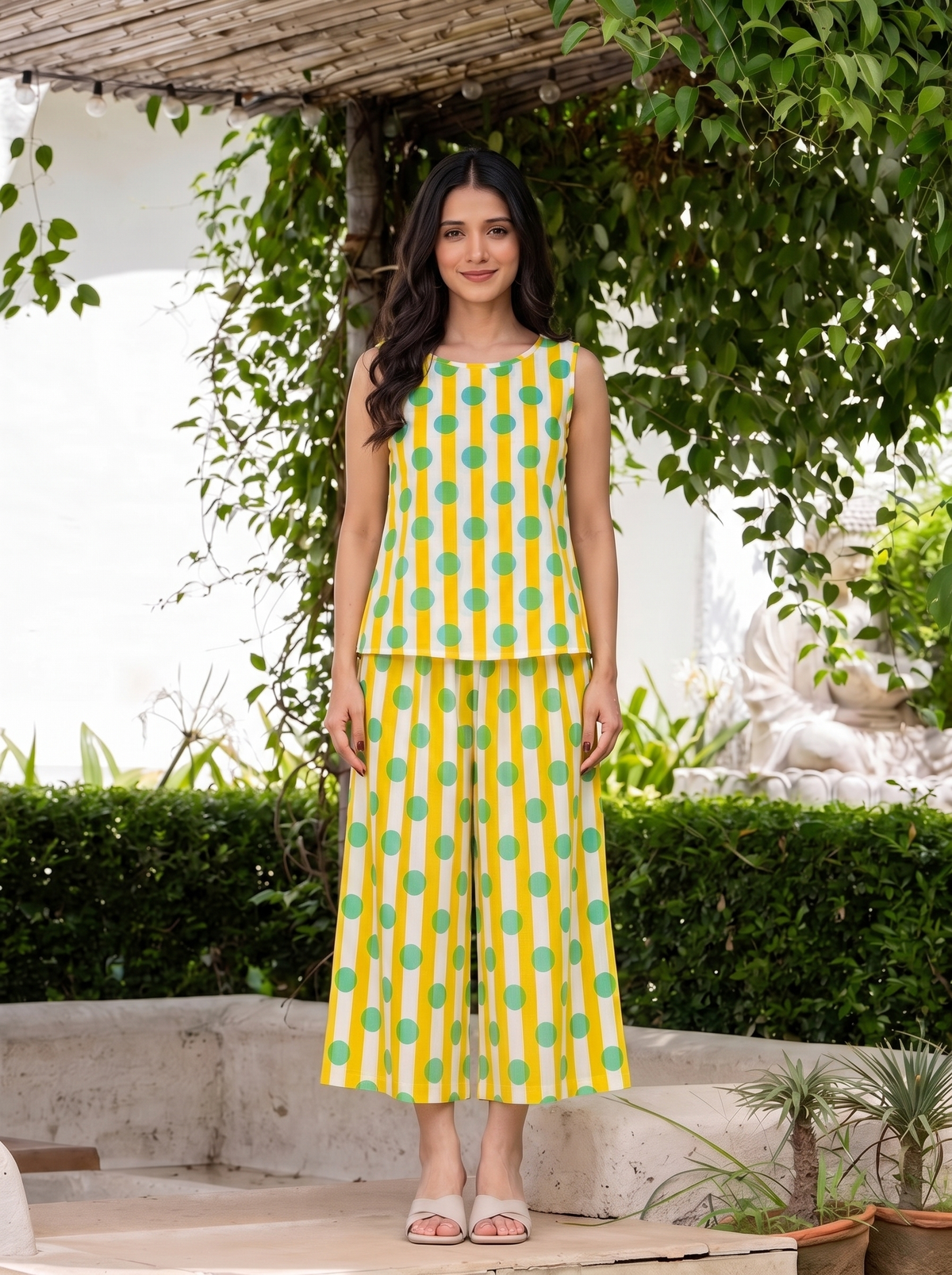 Limona(Yellow) Co-ord Set – Striped & Polka Dot Top & Pants