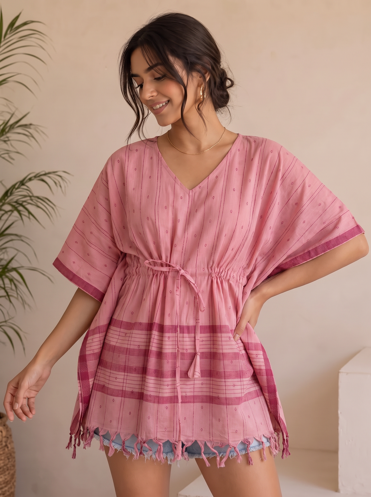 Kaftan Top #107 – Extra Weave Handloom Kaftan Top in Blush Pink & Berry