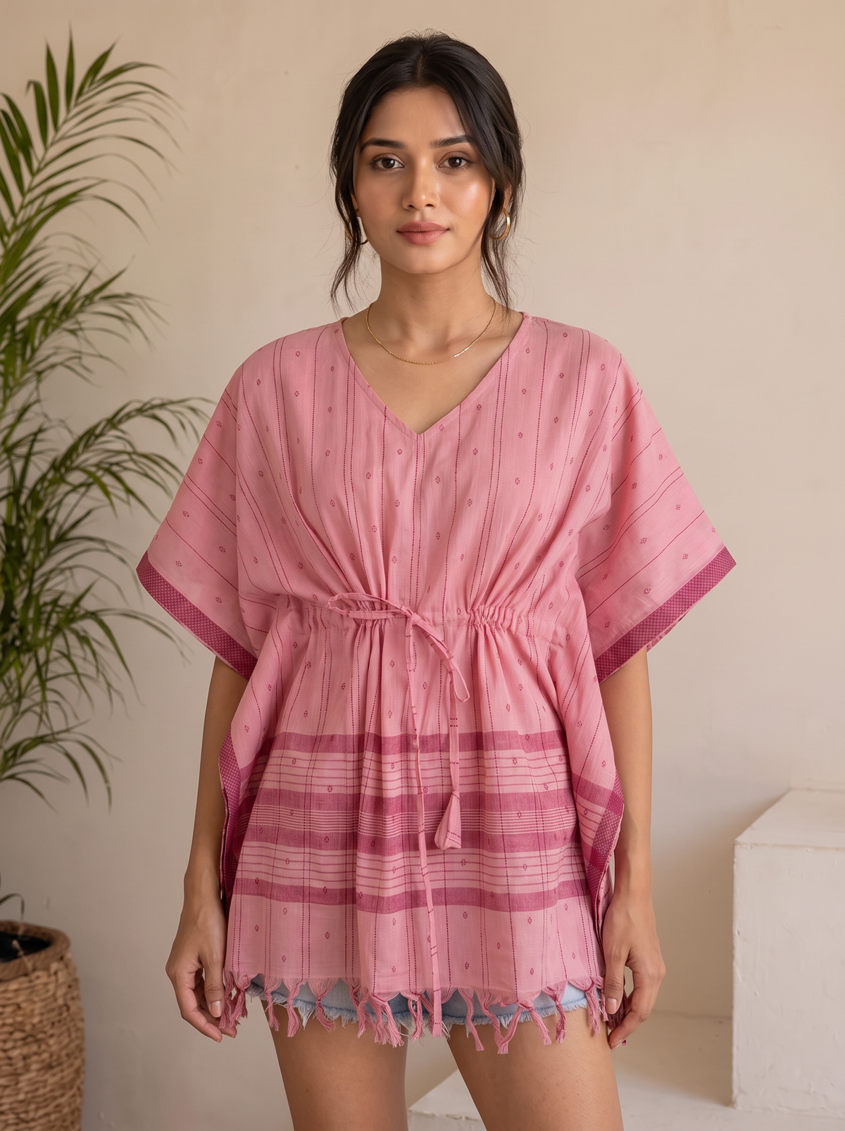 Kaftan Top #107 – Extra Weave Handloom Kaftan Top in Blush Pink & Berry