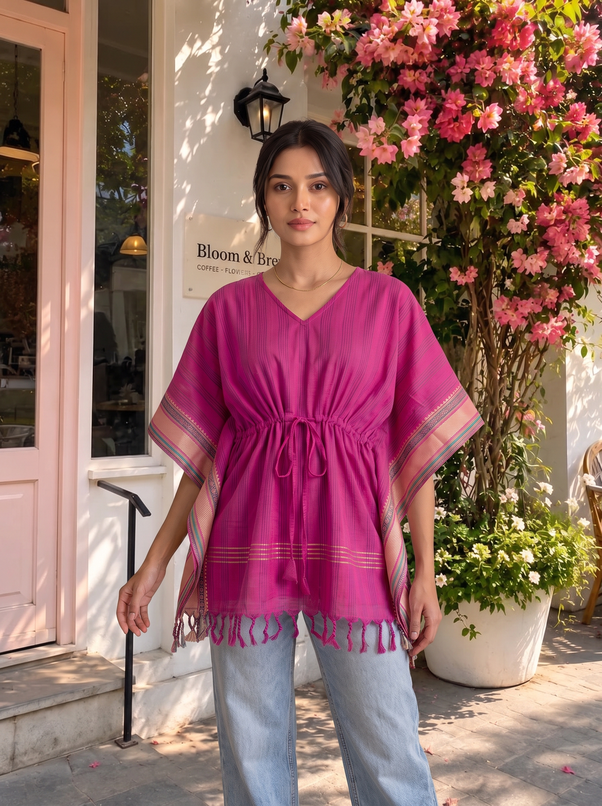 Kaftan Top #108 – Fine Striped Handloom Kaftan Top in Bright Magenta & Gold