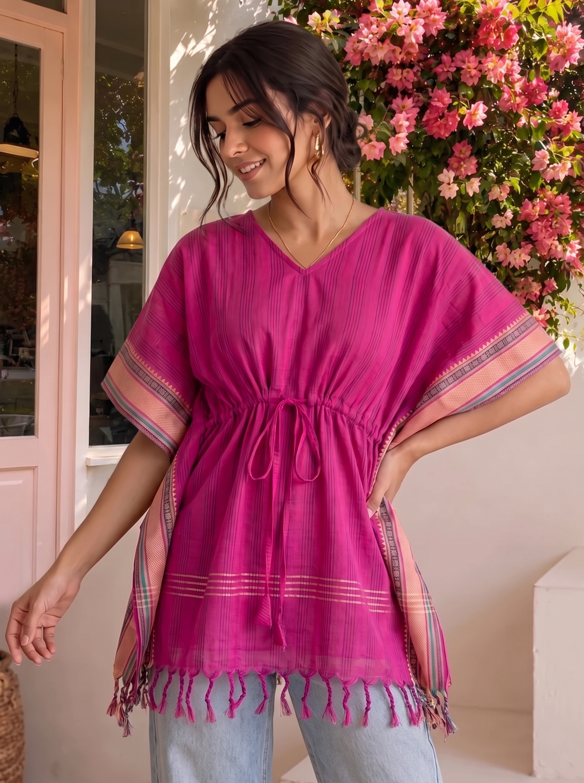 Kaftan Top #108 – Fine Striped Handloom Kaftan Top in Bright Magenta & Gold