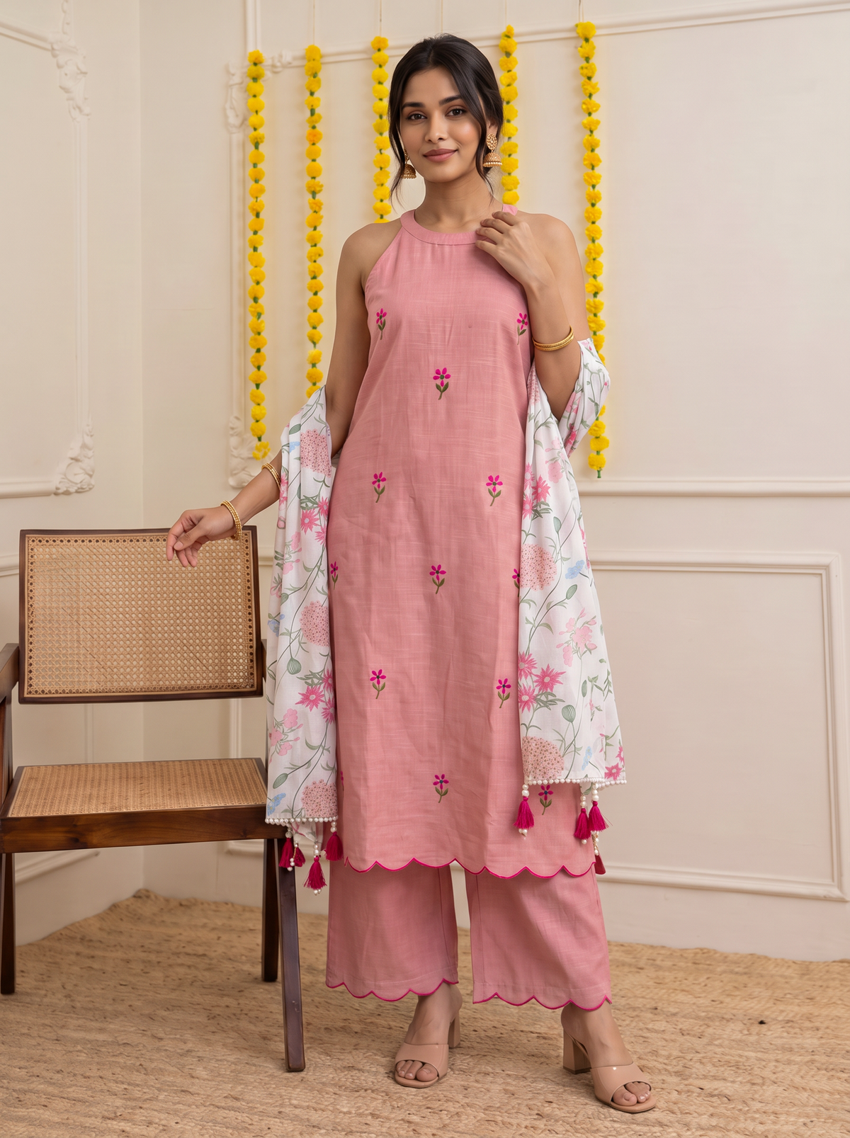 Madhura – Hand Embroidered Linen-Cotton Suit Set in Dusty Rose Pink