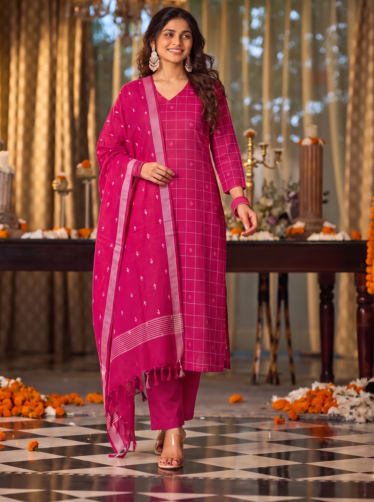 Nithila(Magenta Pink) – Grid & Jamdani Woven Handloom Cotton Suit Set in Magenta Pink